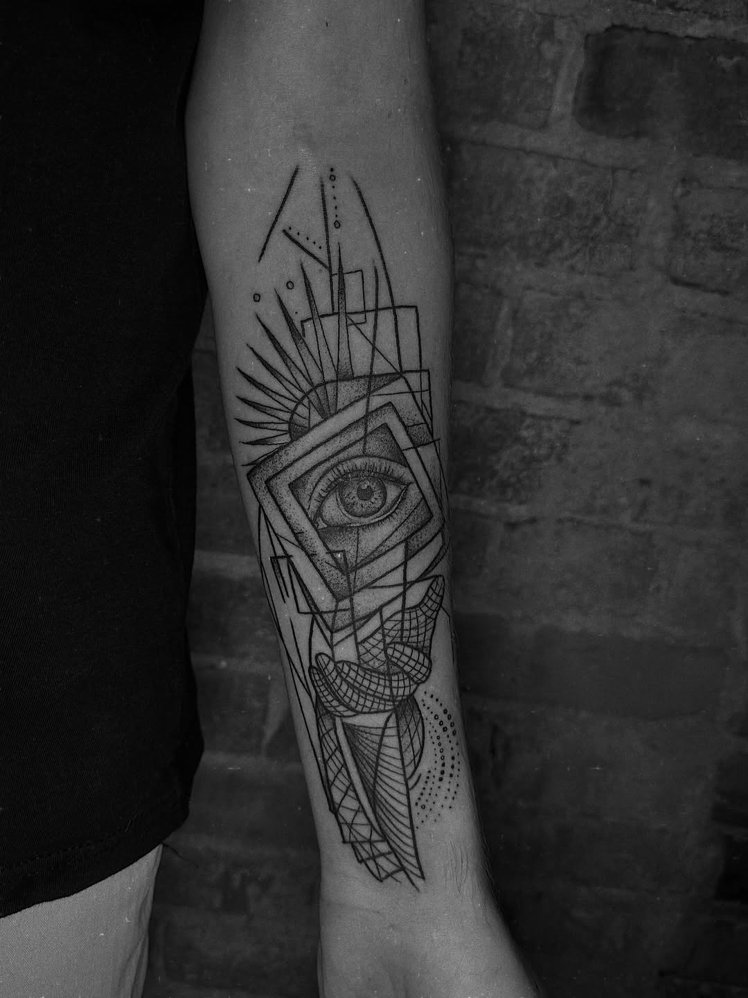 Eye and abstract shapes sketch tattoo on the forearm by E L I Z A H B e T H H D e S I G N S