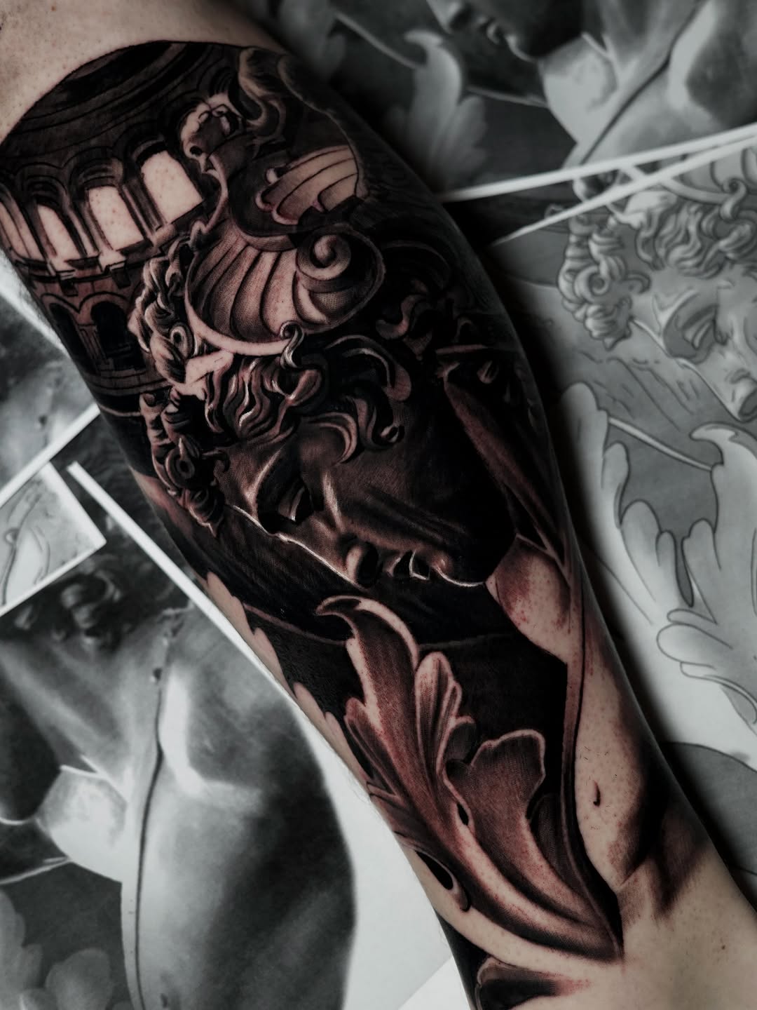 Classical sculpture and architecture realism tattoo on the forearm by Bapone