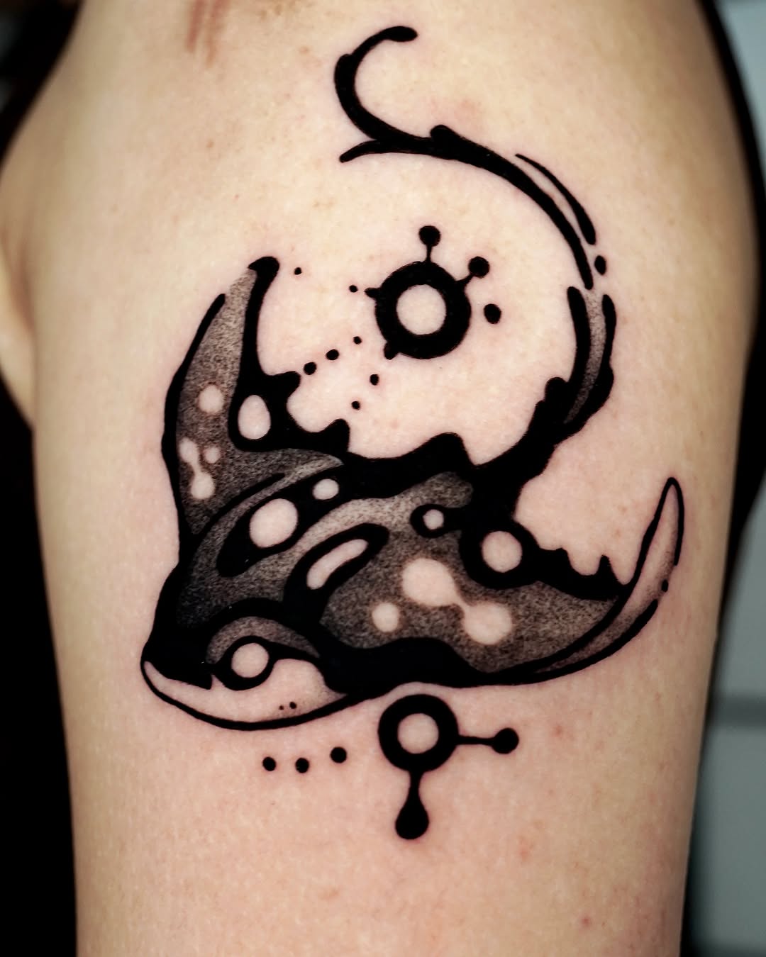 Stylized manta ray with abstract symbols tribal tattoo on the forearm by ▫️◽️◻️hunter Hayes◻️◽️▫️