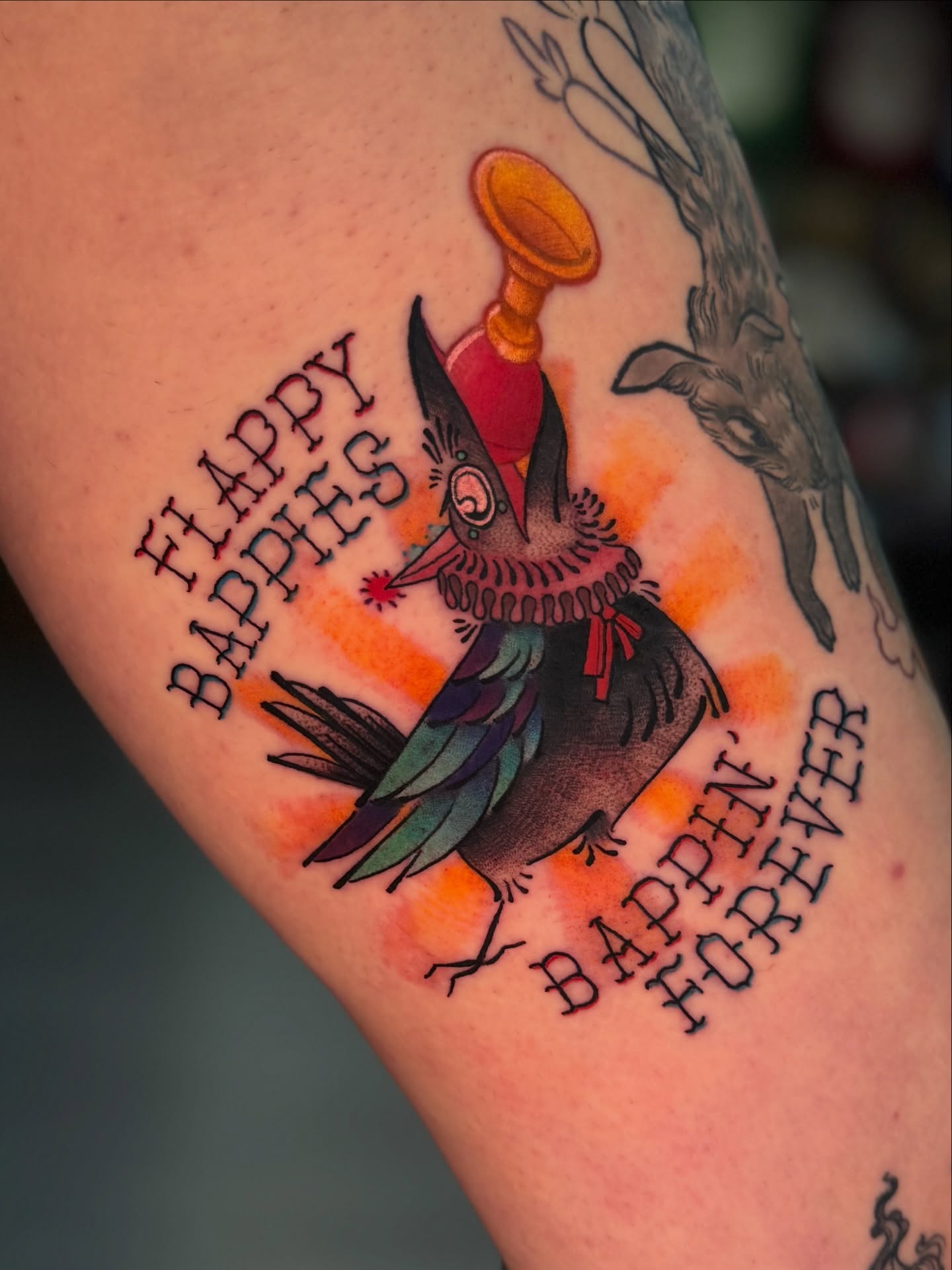 Bird with hat American traditional tattoo on the forearm by Erin Morbid