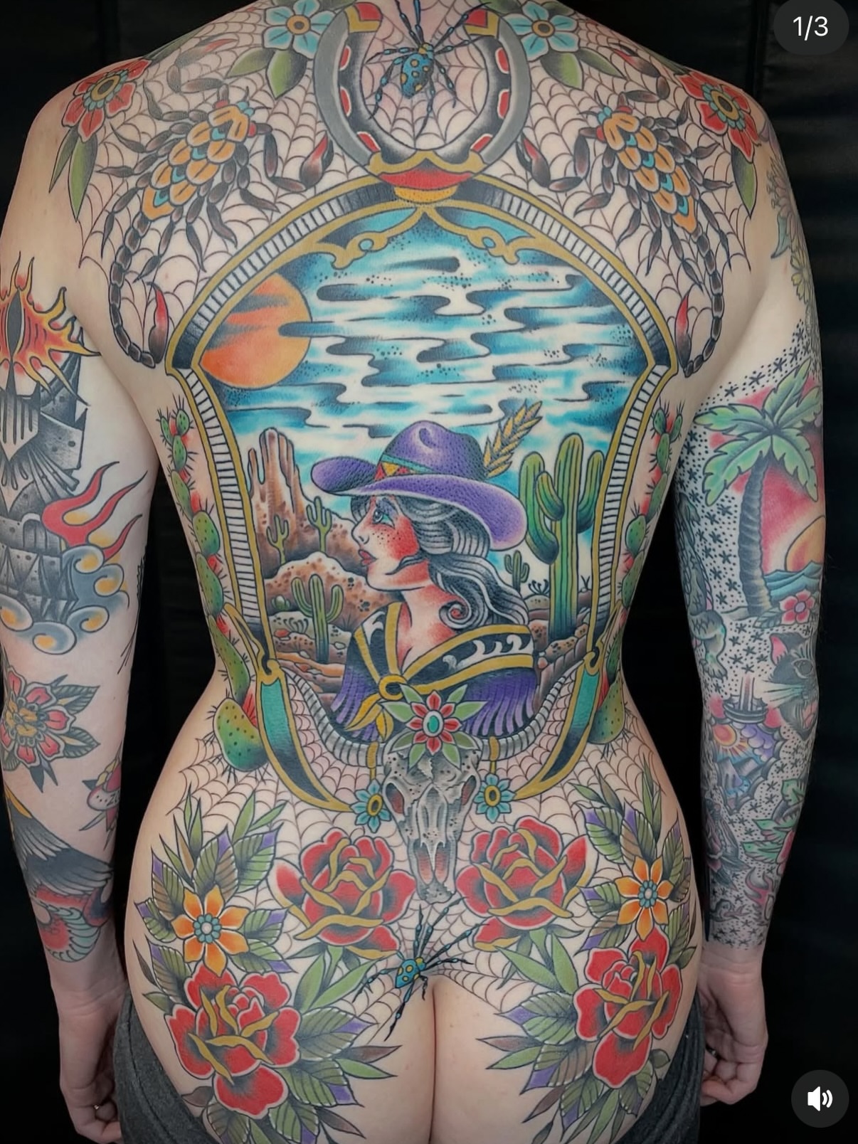 Desert landscape with woman American traditional tattoo on the back by Dave Kruseman