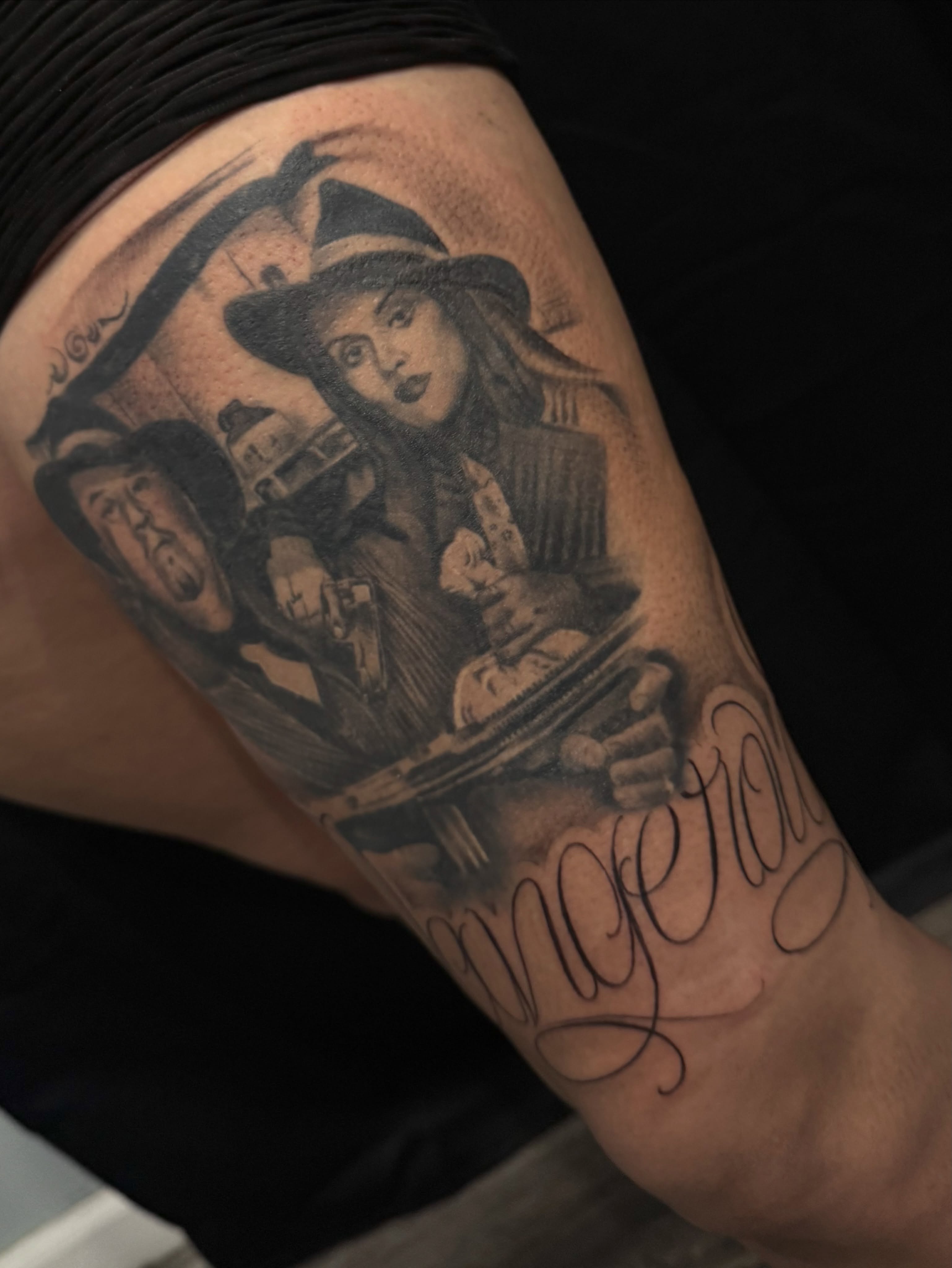 Witches and broomstick realism tattoo on the forearm by Angel Pineda-Rodriguez