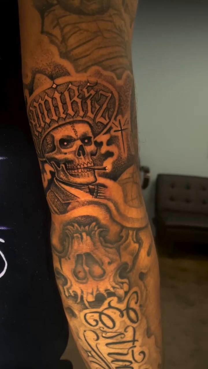 Skull with sombrero and lettering realism tattoo on the forearm by Shadoww Espinoza