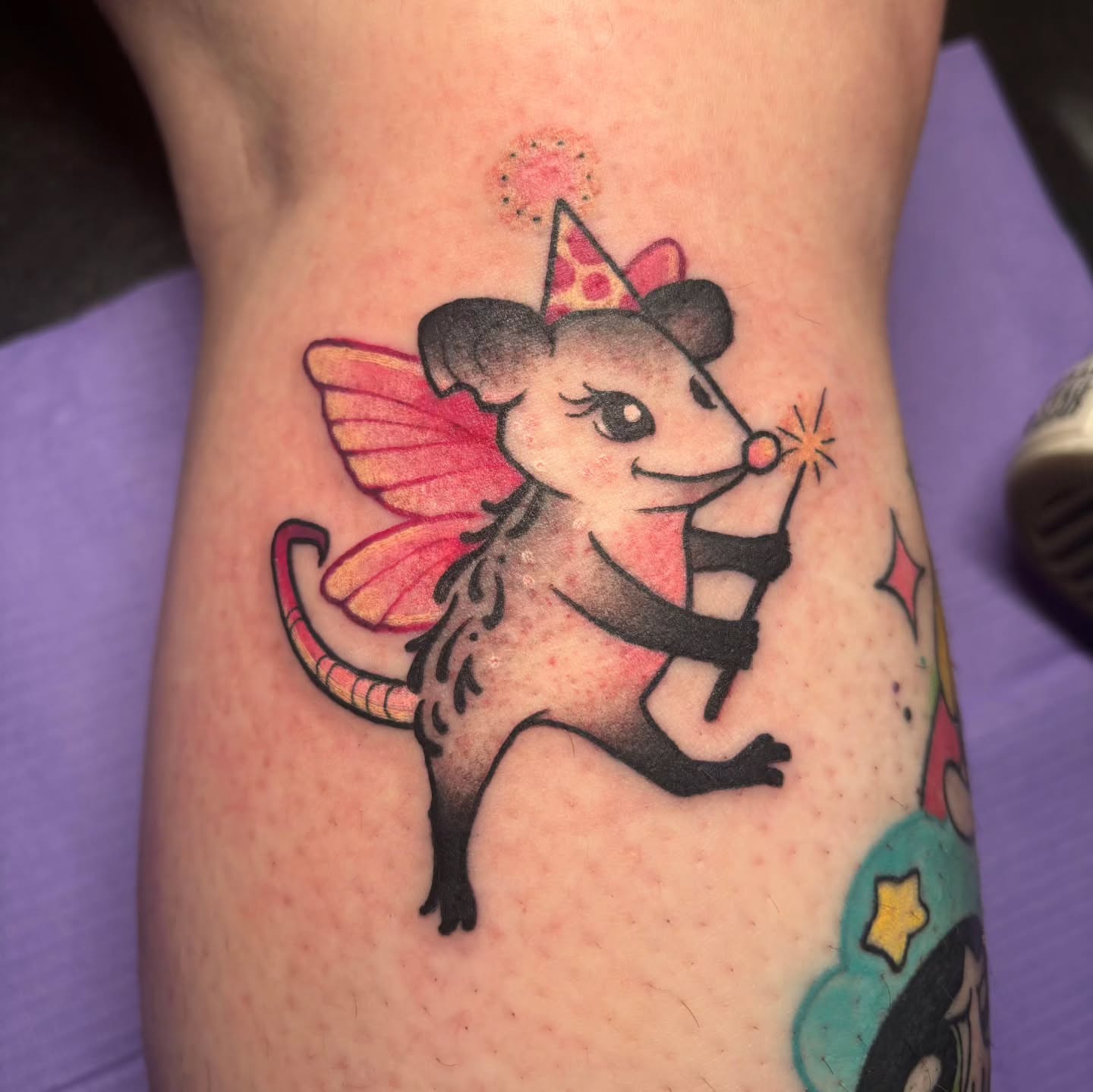 Mouse fairy illustrative tattoo on the forearm by Sam Castro