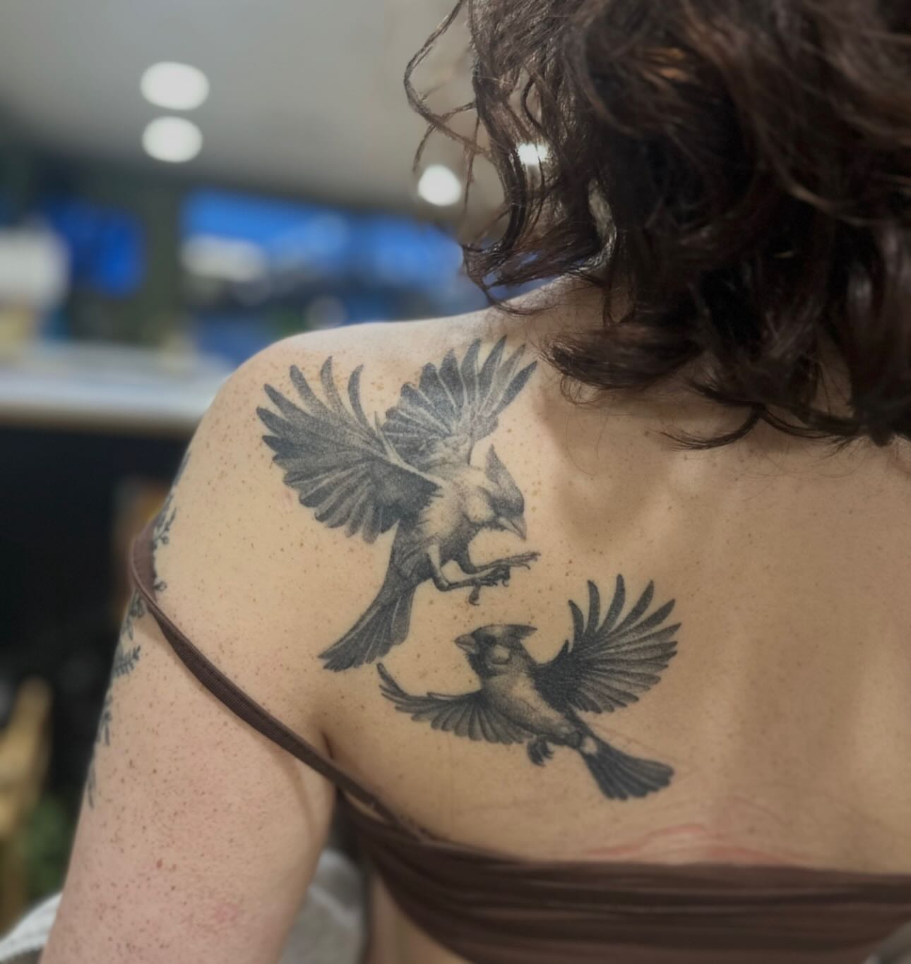 Birds black and grey tattoo on the back by Emma