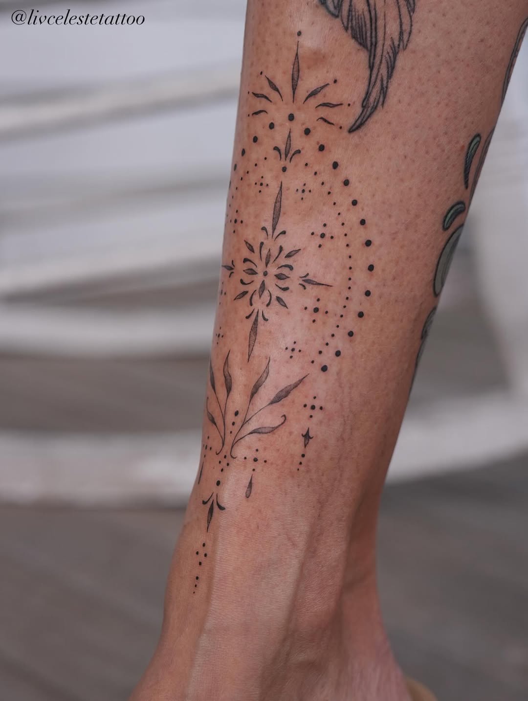 Ornamental starburst and leaves ornamental tattoo on the forearm by ༻❁༺ ⟡ 𝑳𝒊𝒗 𝑪𝒆𝒍𝒆𝒔𝒕𝒆 ⟡ ༻❁༺