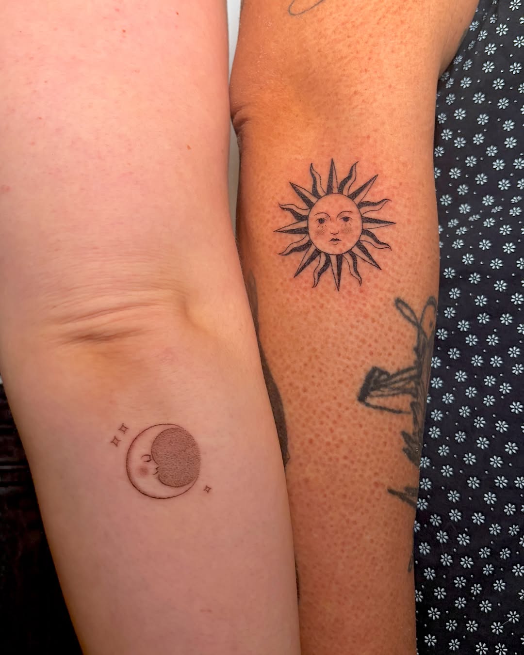 Sun and moon minimalist tattoo on the forearm by alli ミ☆