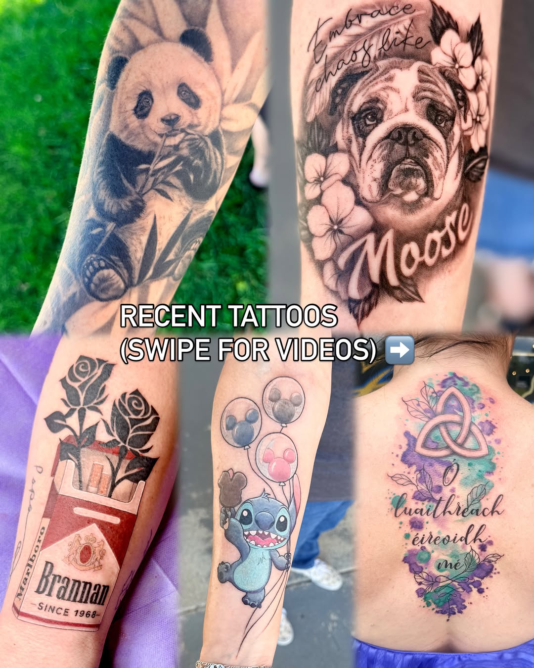 Collage of multiple tattoos realism tattoo on the upper arm by Maggie George
