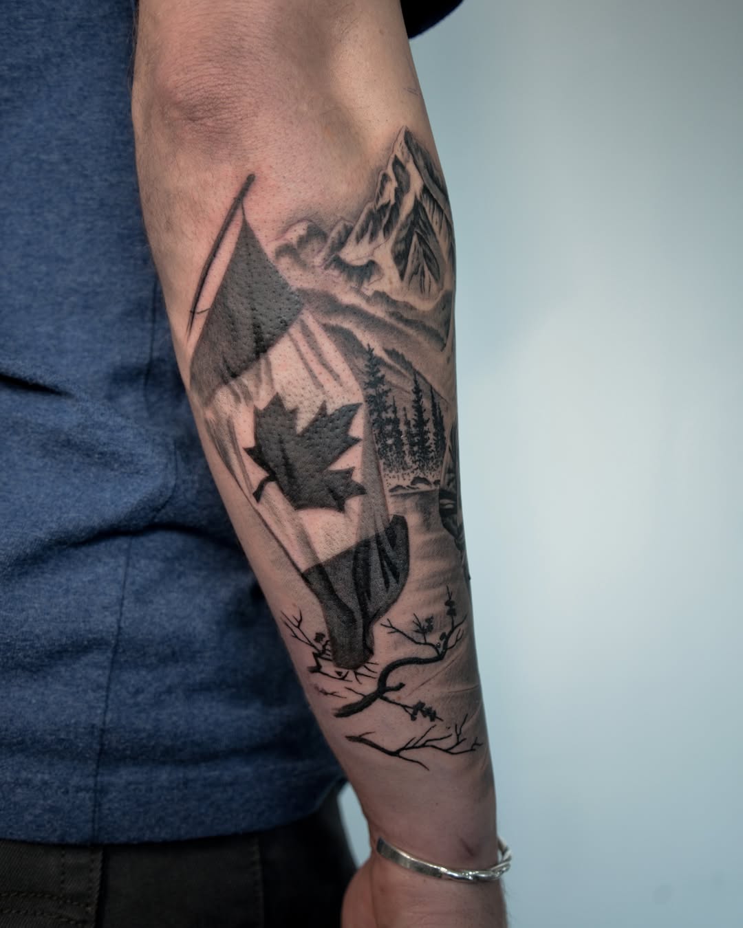 Mountain landscape realism tattoo on the forearm by zak brochu, Windsor, Ontario