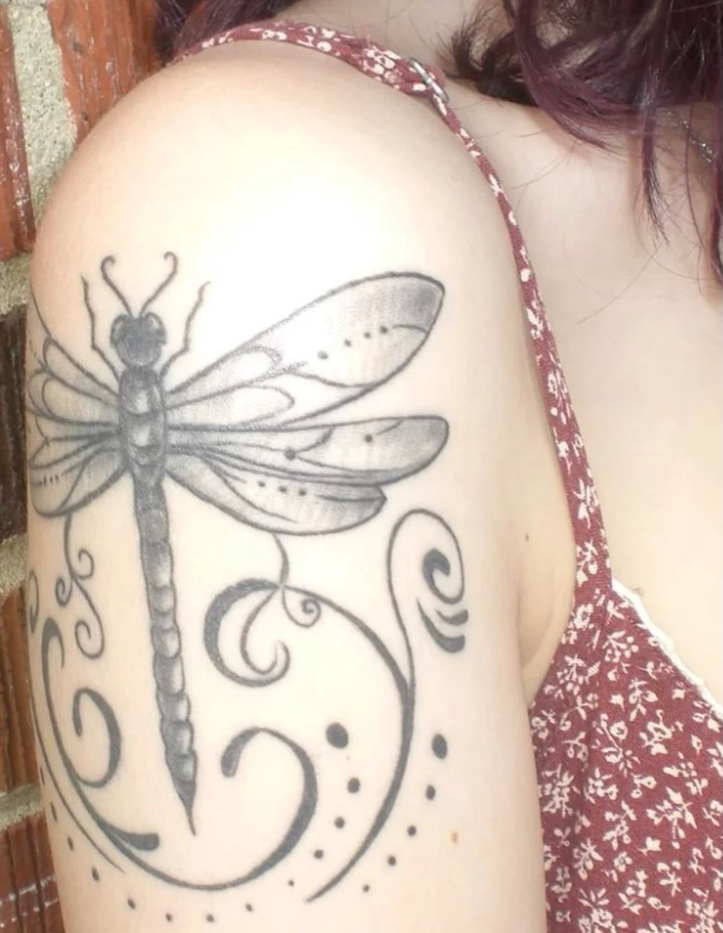 Dragonfly black and grey tattoo on the shoulder by Brianna Jo Ballinghoff