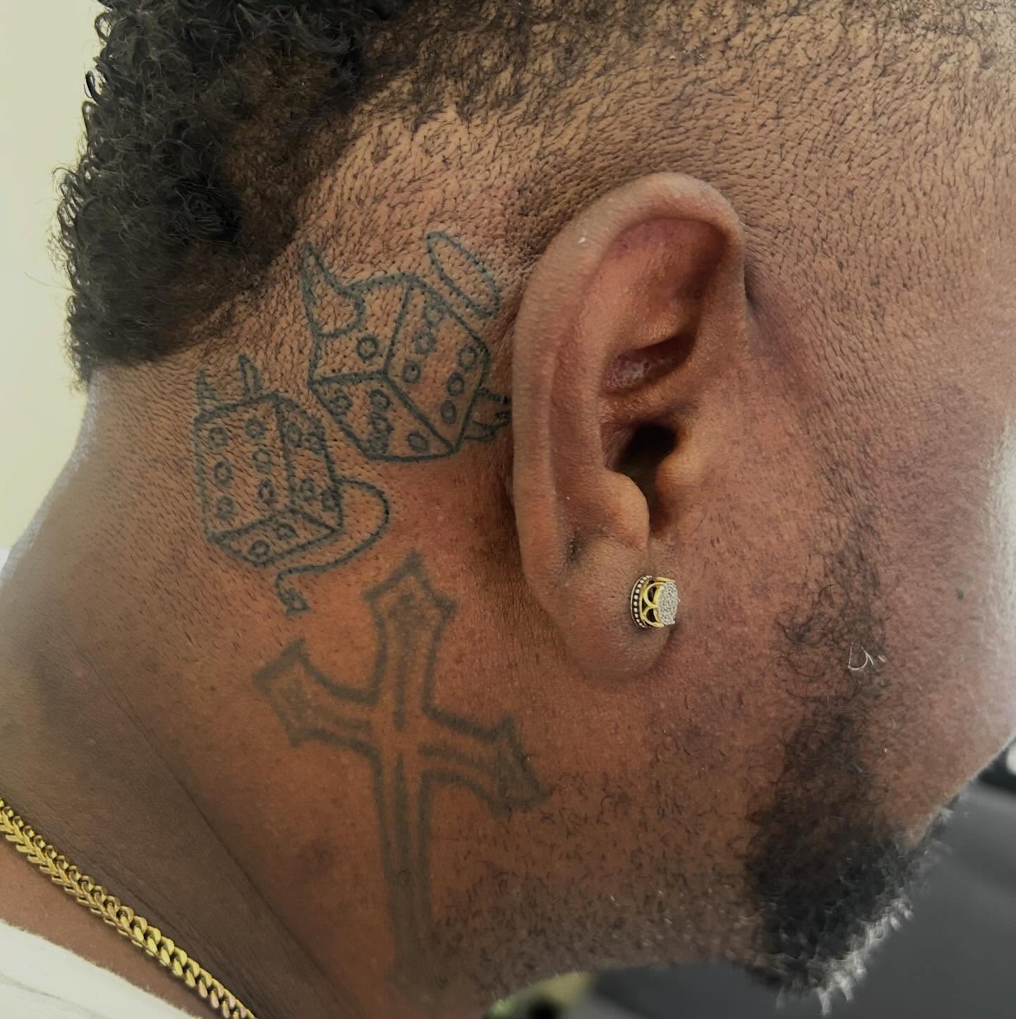 Cross and dice black and grey tattoo on the neck by Sarah Sharee💃🏽
