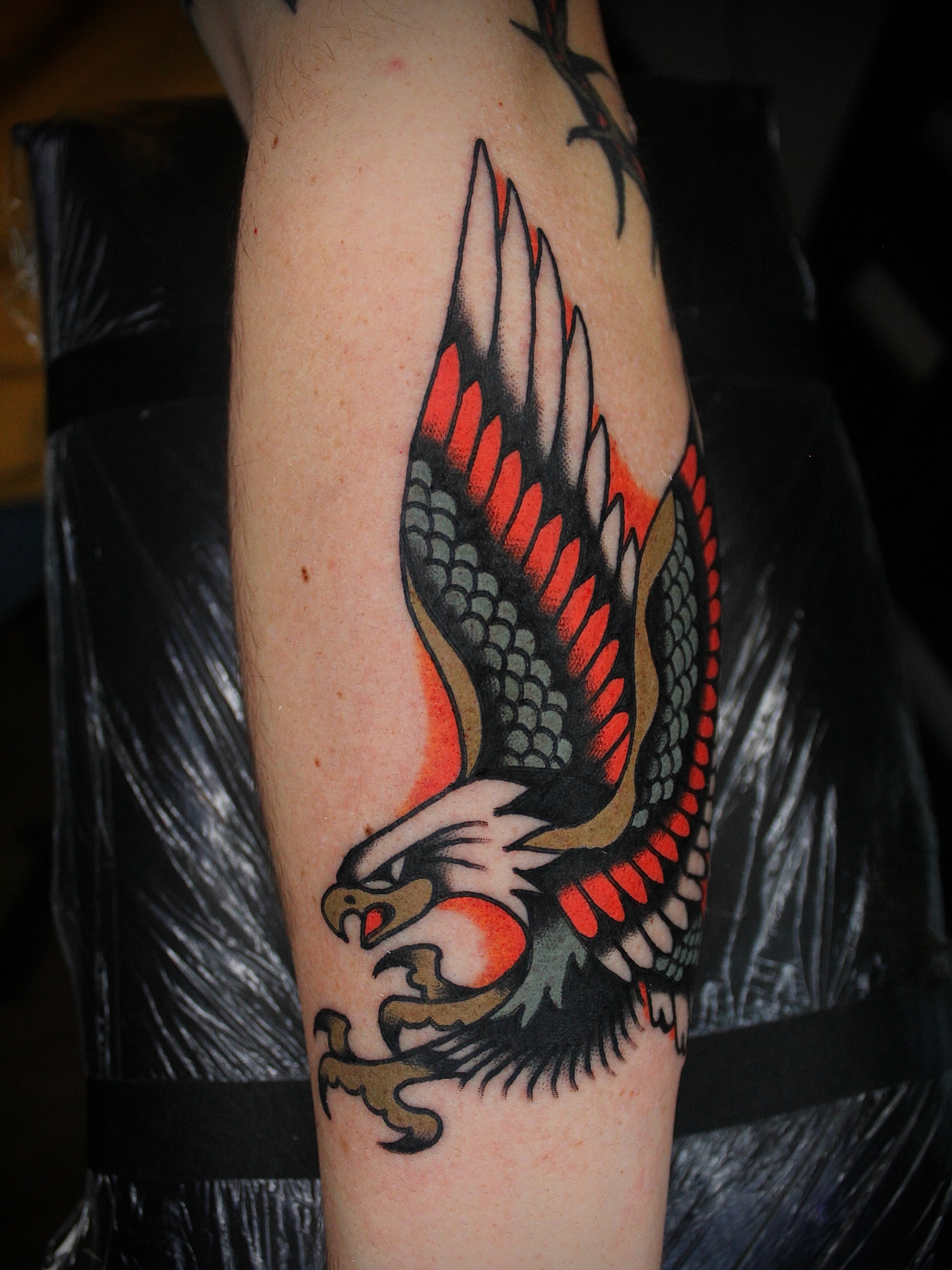Eagle American traditional tattoo on the forearm by Dustin Stemen, Charlotte, North Carolina