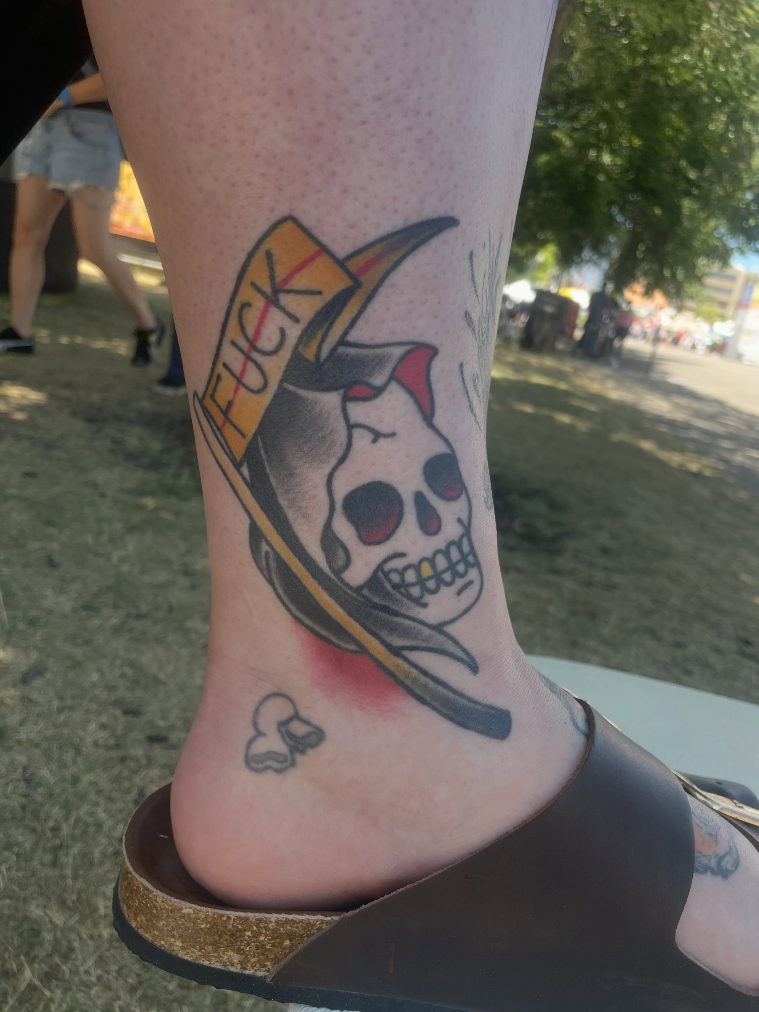 Skull with hat American traditional tattoo on the calf by Tatgunjoe, Salt Lake City, Utah