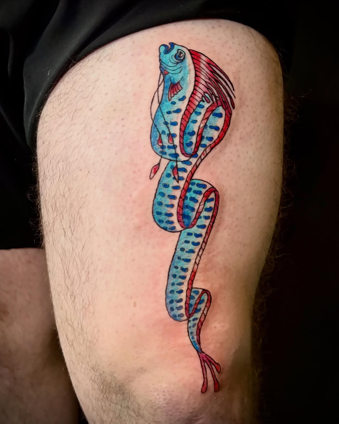 Snake dotwork tattoo on the thigh by Abby Ruok, Midvale, Utah