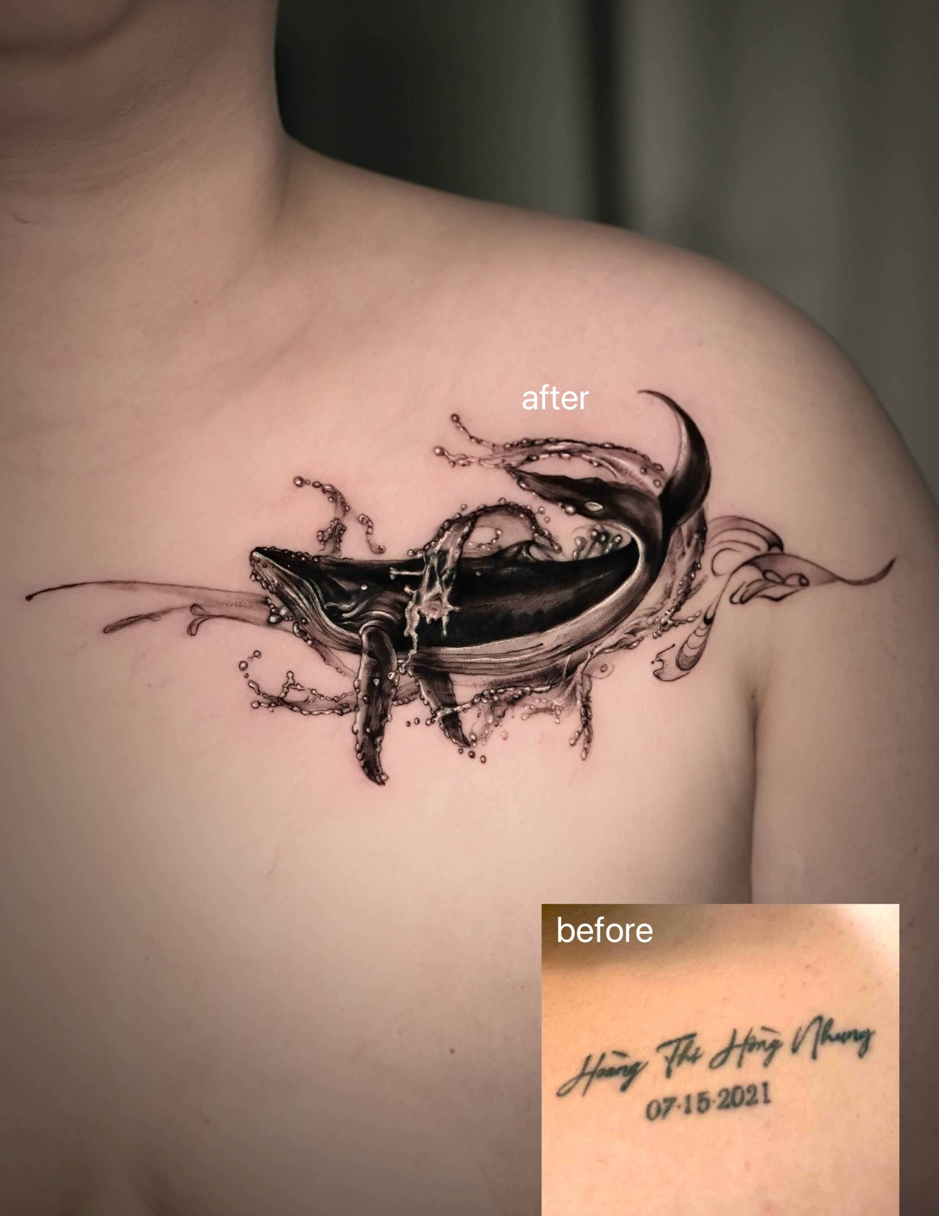 Whale realism tattoo on the chest by Zonghuan Wu