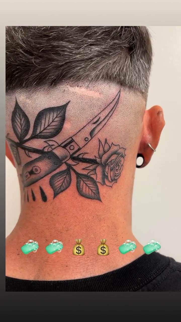 Rose and scissors tattoo on neck realism tattoo on the neck by Chris