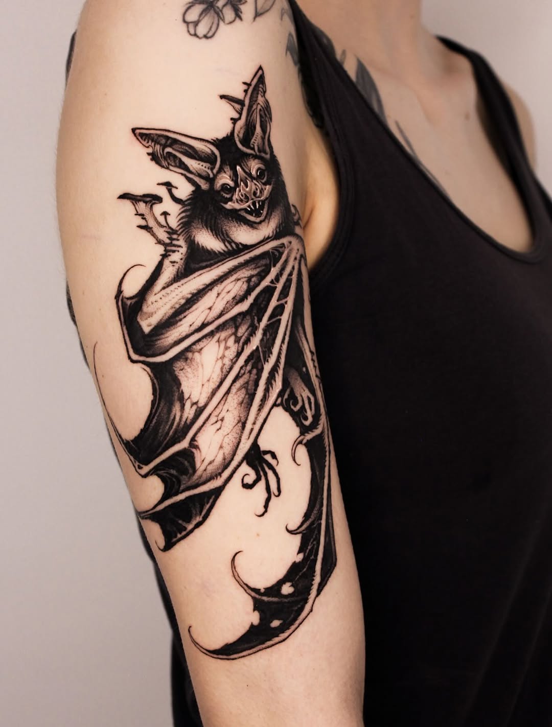 Bat dark art tattoo on the forearm by 우레