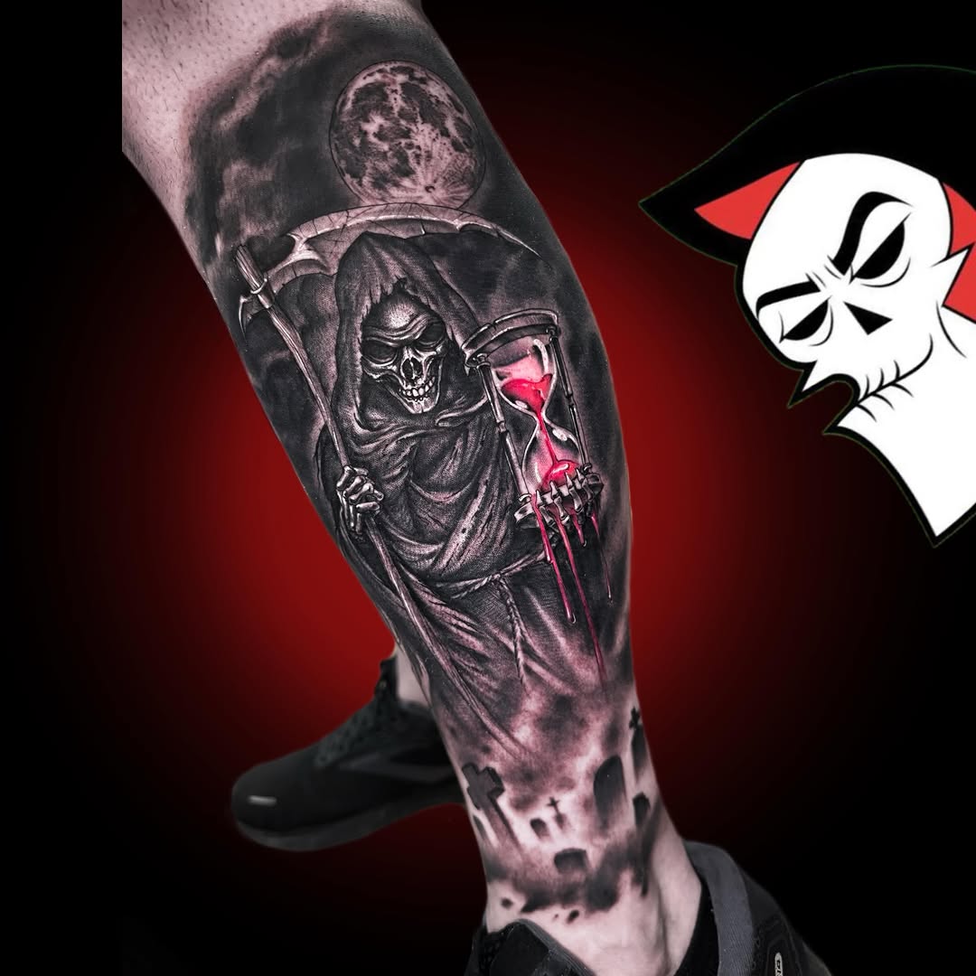Grim reaper with hourglass realism tattoo on the forearm by ๐ฟ๐๐ฃ๐๐๐ก ๐๐ค๐ ๐ค๐ง๐ฃ๐ฎ, Middletown, Orange County, New York