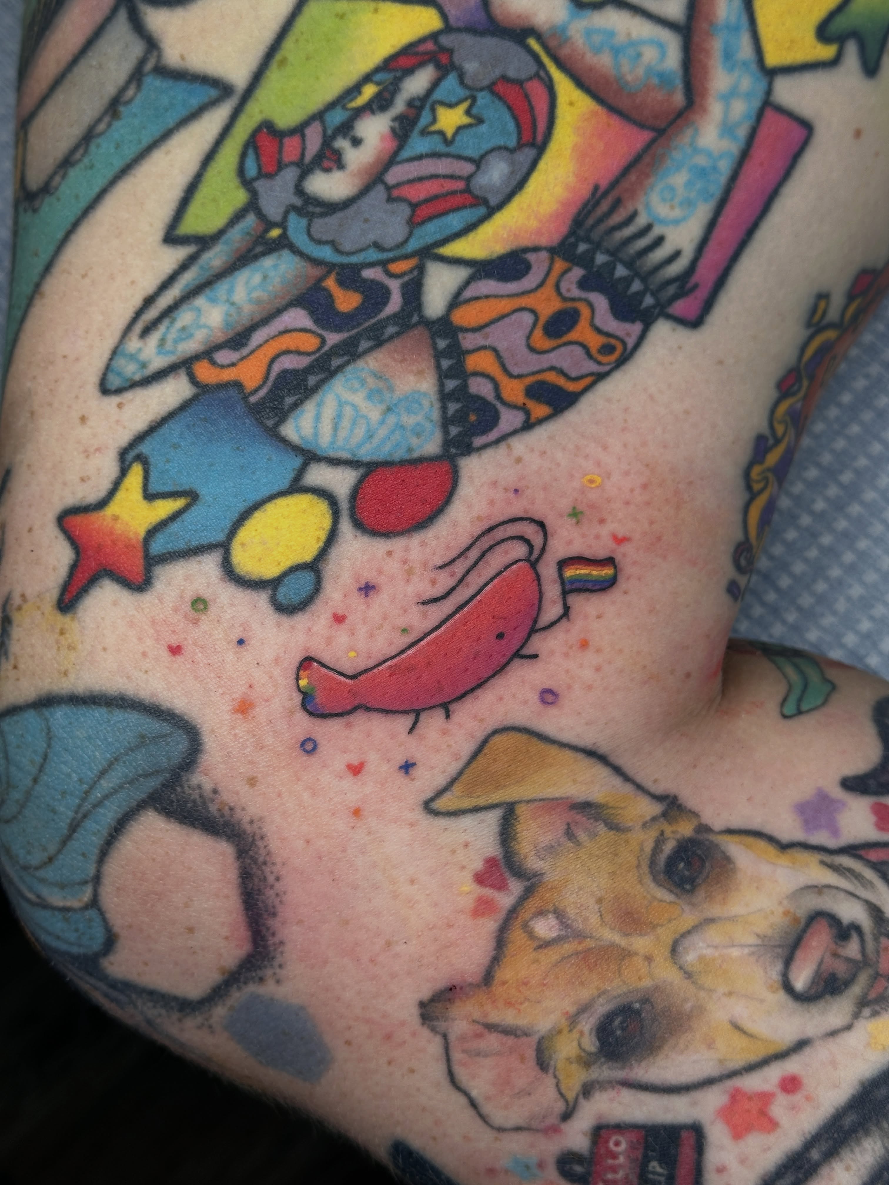 Space-themed tattoo American traditional tattoo on the forearm by Shrimple