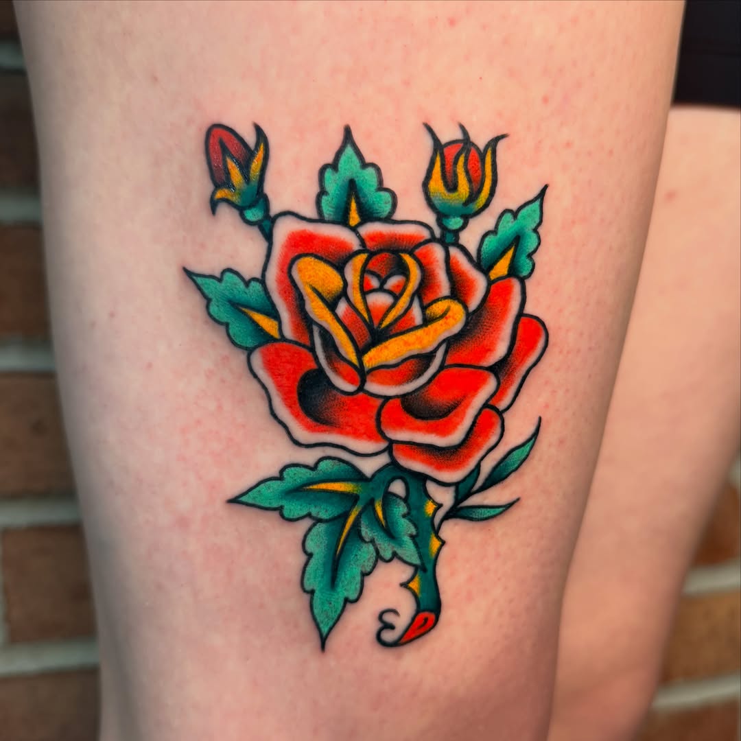 Rose American traditional tattoo on the forearm by Marcos🇩🇴