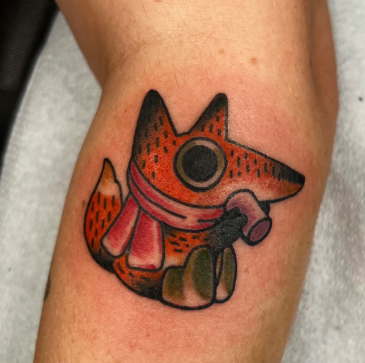 Fox American traditional tattoo on the forearm by Andrea Patterson