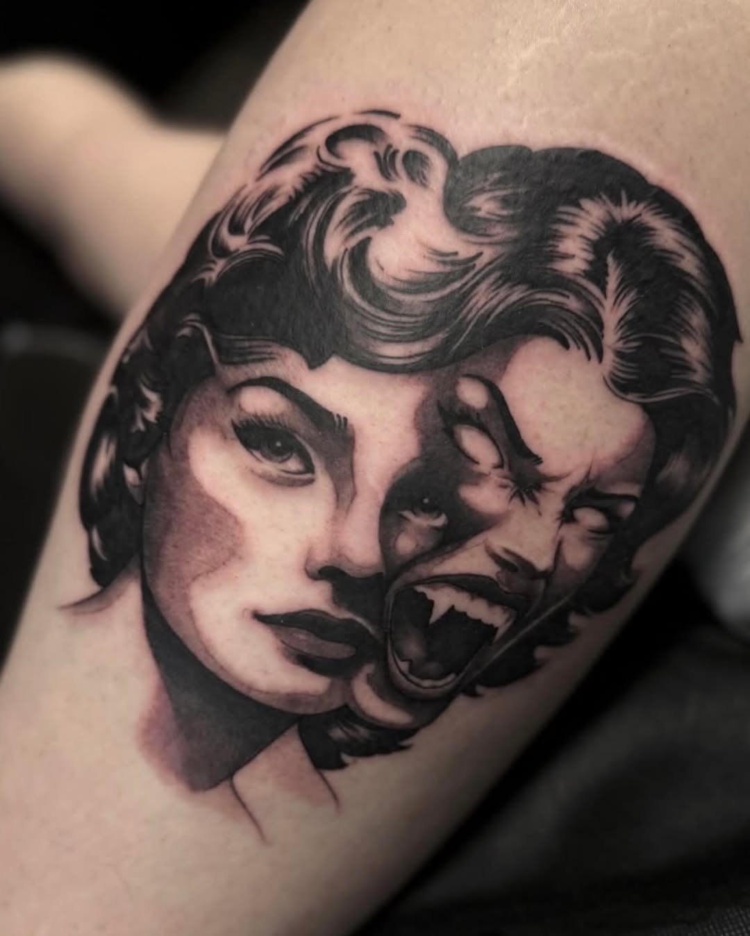 Woman transforming into a vampire realism tattoo on the shoulder by Chase Martines