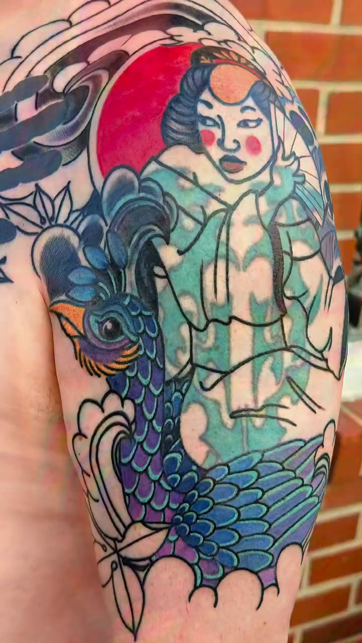 Geisha and dragon tattoo Japanese tattoo on the forearm by Kimberly Parton- Chapel Hill Tattooer, Chapel Hill, North Carolina