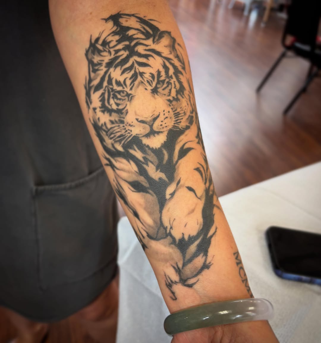 Tiger portrait realism tattoo on the forearm by dayton skuse, Portland, Oregon