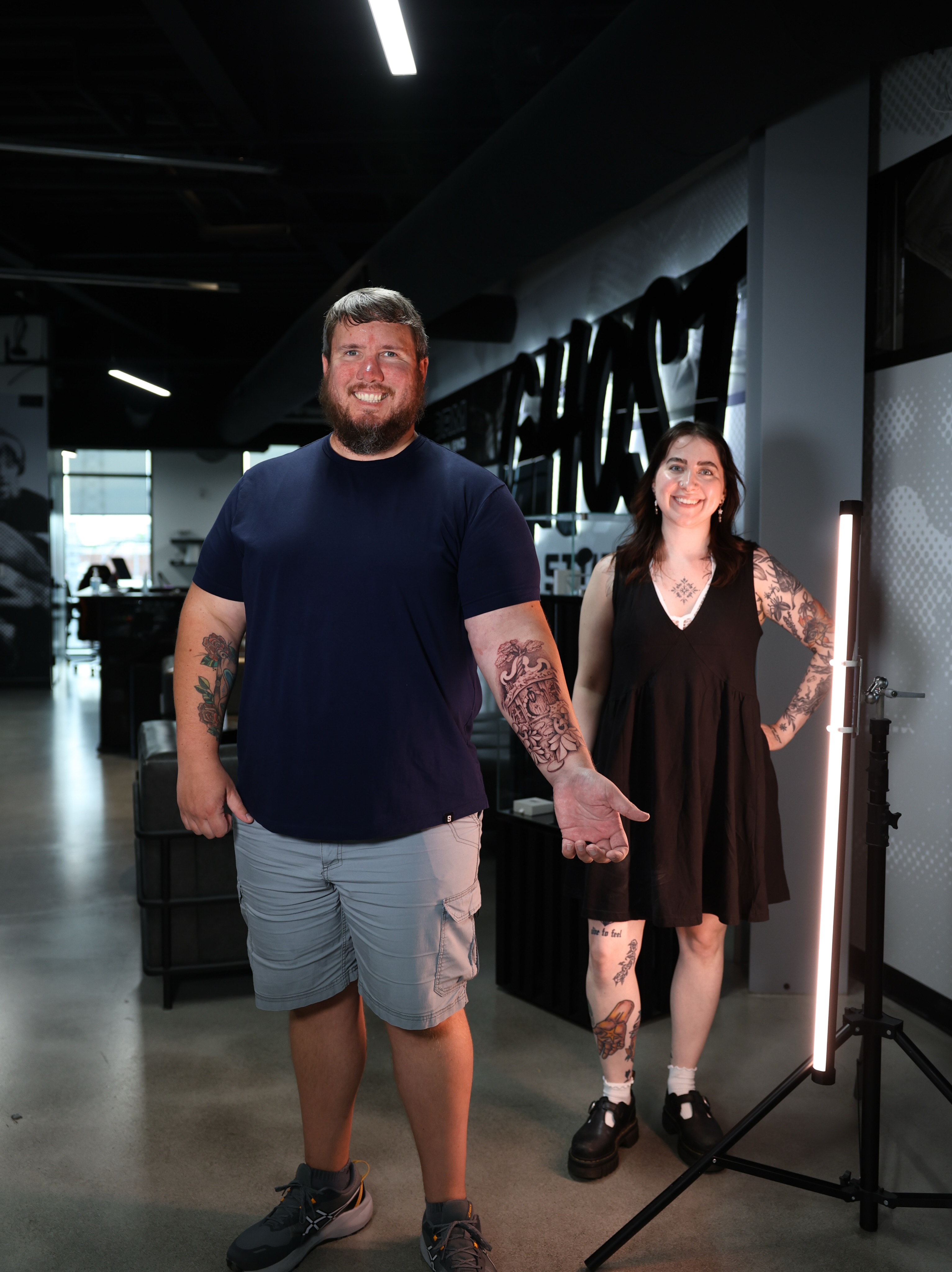 Tattooed couple American traditional tattoo on the upper arm by Hannah Burnside, Charlotte, North Carolina