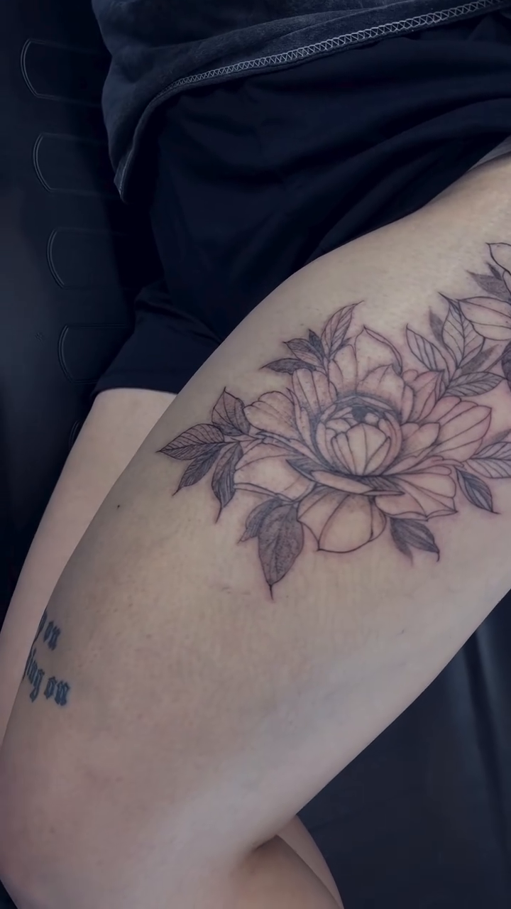 Floral thigh tattoo dotwork tattoo on the thigh by TolzinInk, Brookings, South Dakota