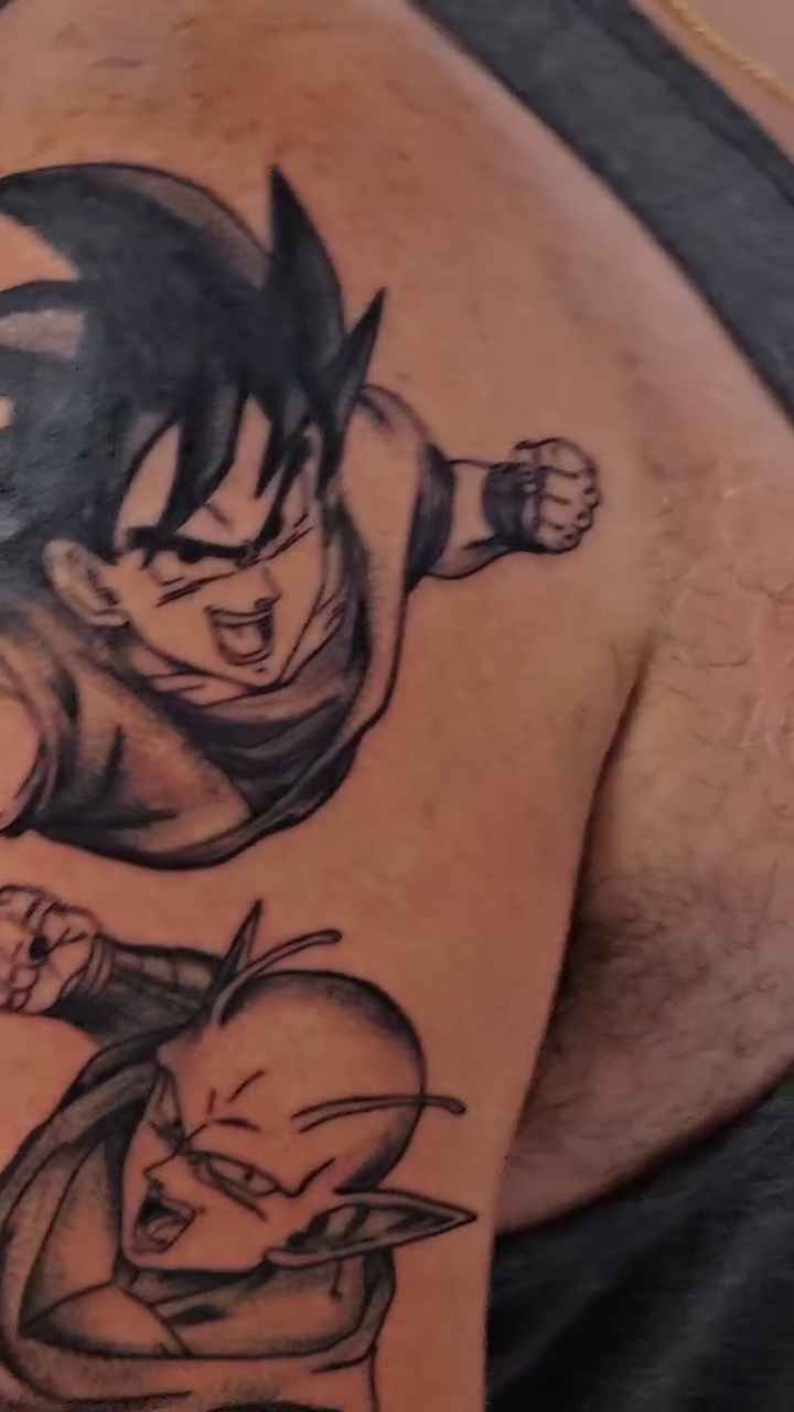 Tattoo by @kmotattoos — anime, black_and_grey