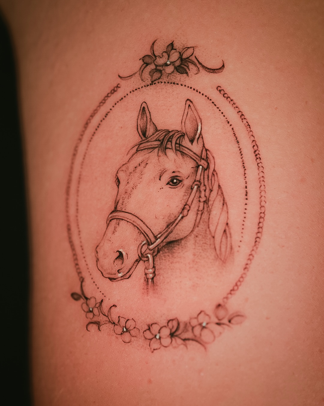 Horse head realism tattoo on the thigh by Esther ✣ Fine Line Floral Tattoo Artist LA, Los Angeles, California