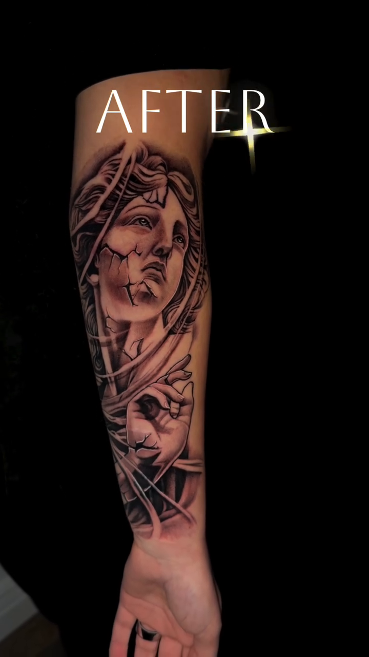 Medusa and fragmented faces realism tattoo on the forearm by Jose lopez jr