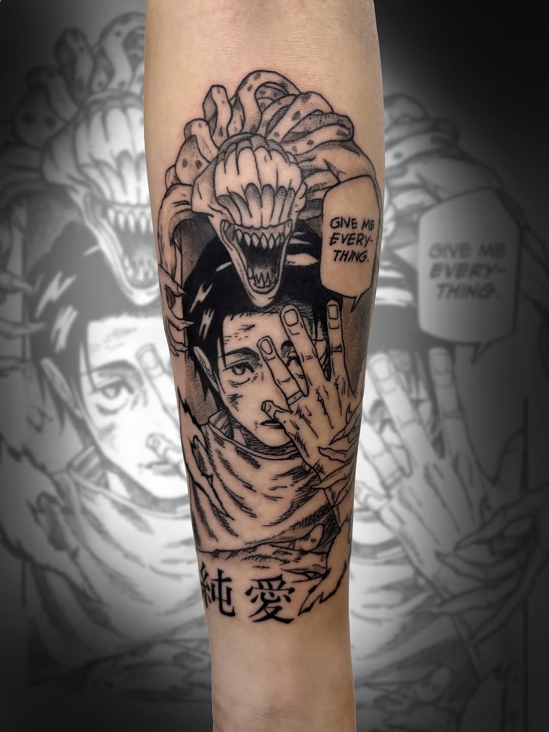 Tattoo by @profound.desires — anime, black_and_grey