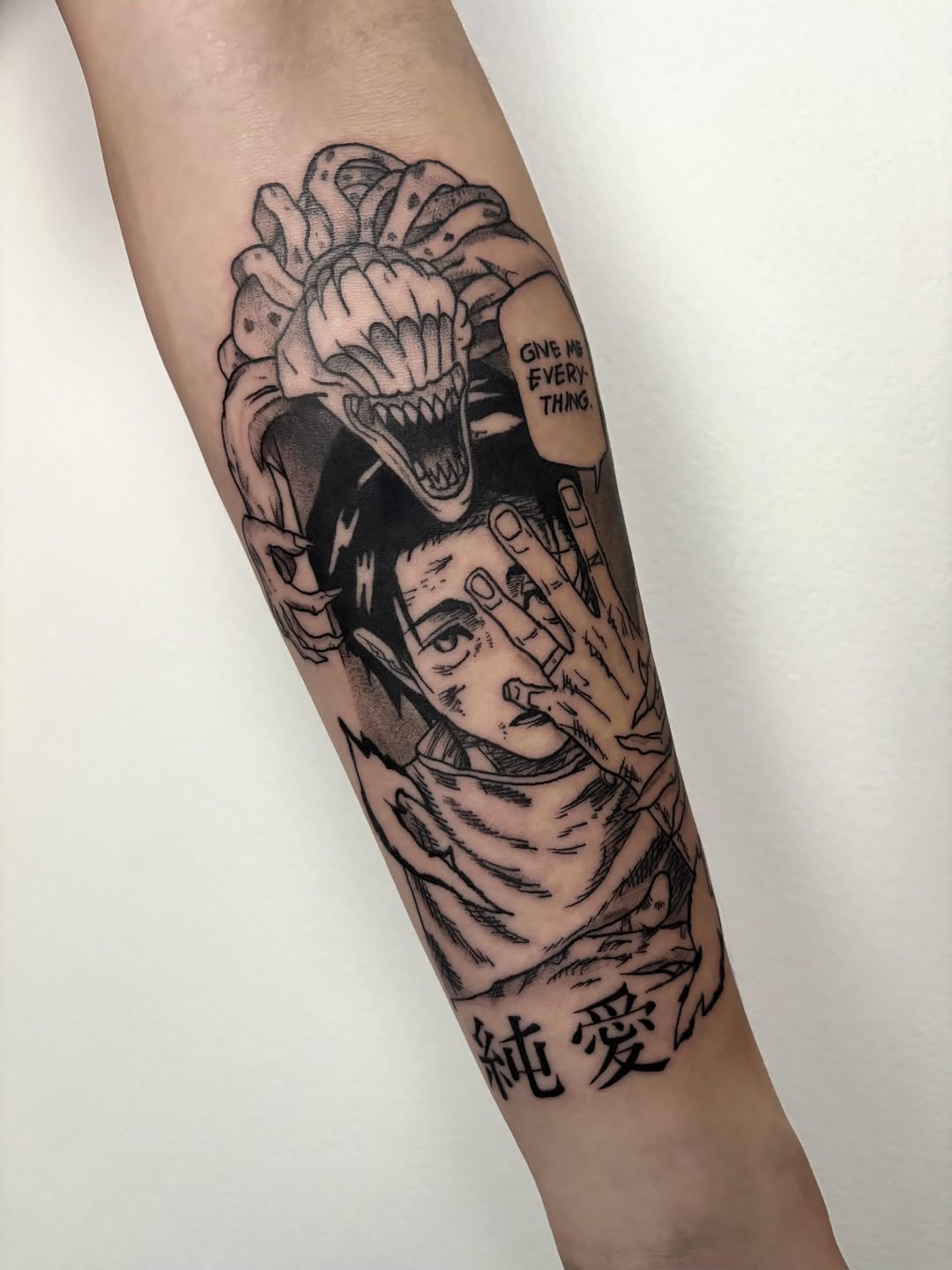 Tattoo by @profound.desires — anime, black_and_grey