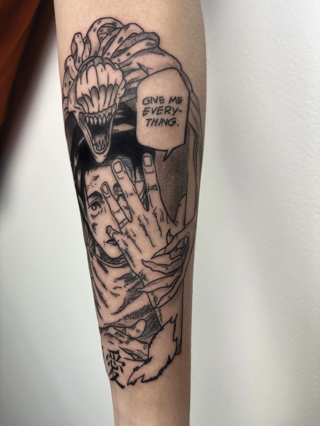 Tattoo by @profound.desires — anime, black_and_grey