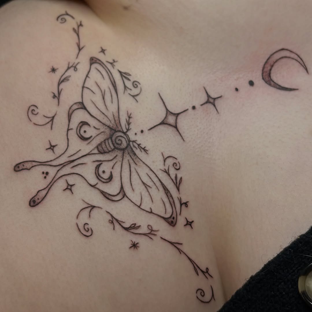 Luna moth with moon and stars fine line tattoo on the shoulder by Emma🌸✨Austin Tattoo Artist