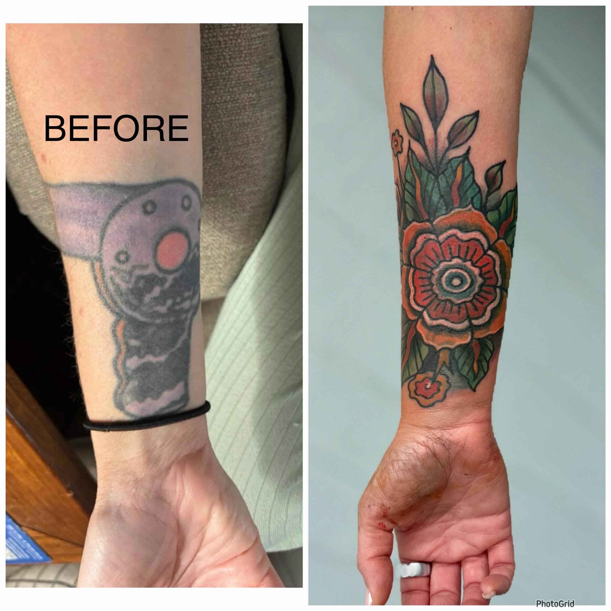 Floral arrangement American traditional tattoo on the forearm by Jessica Abbey