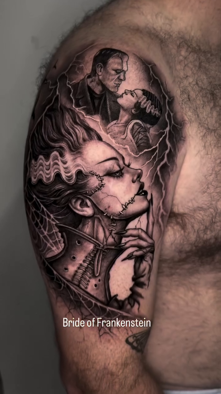 Bride of Frankenstein portrait realism tattoo on the shoulder by Duo