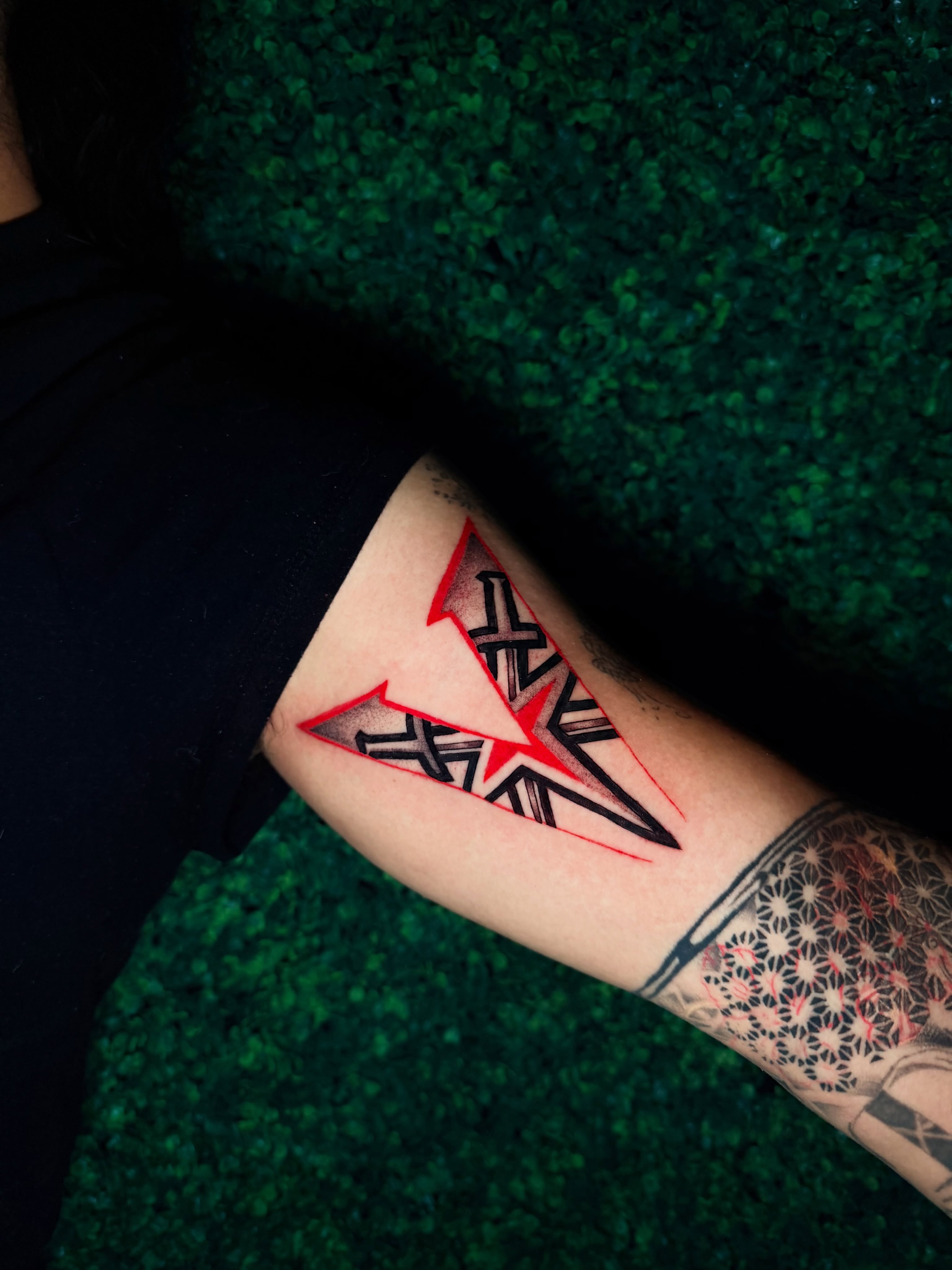 Geometric triangle geometric tattoo on the forearm by bella :)