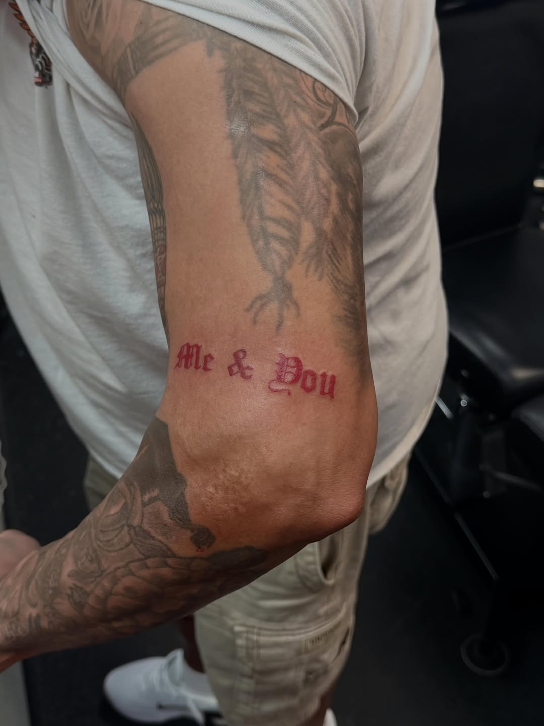 Me & You text tattoo on the forearm by Rylan Thorndyke - Tattoo Artist, Las Vegas, Nevada