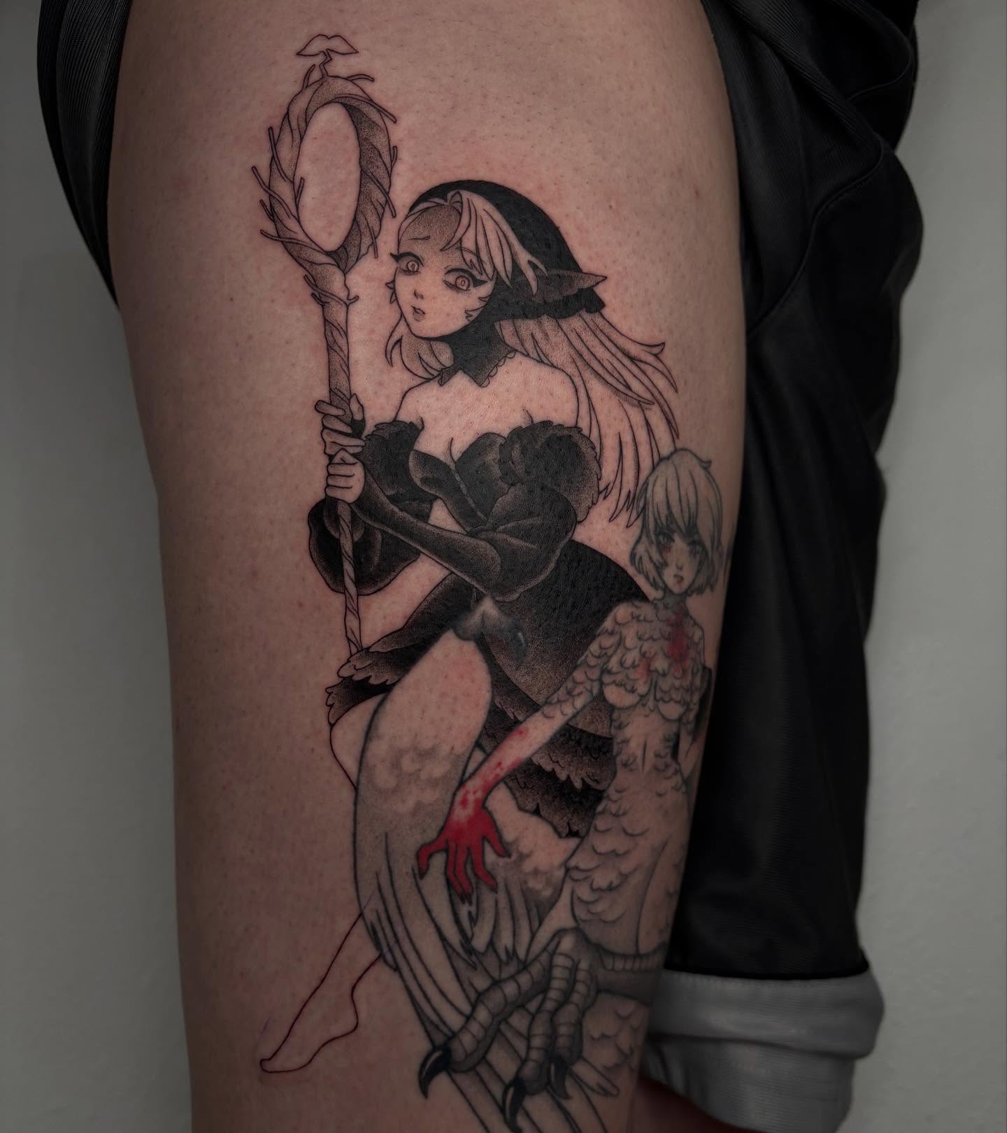 Tattoo by @parkiip — anime, black_and_grey