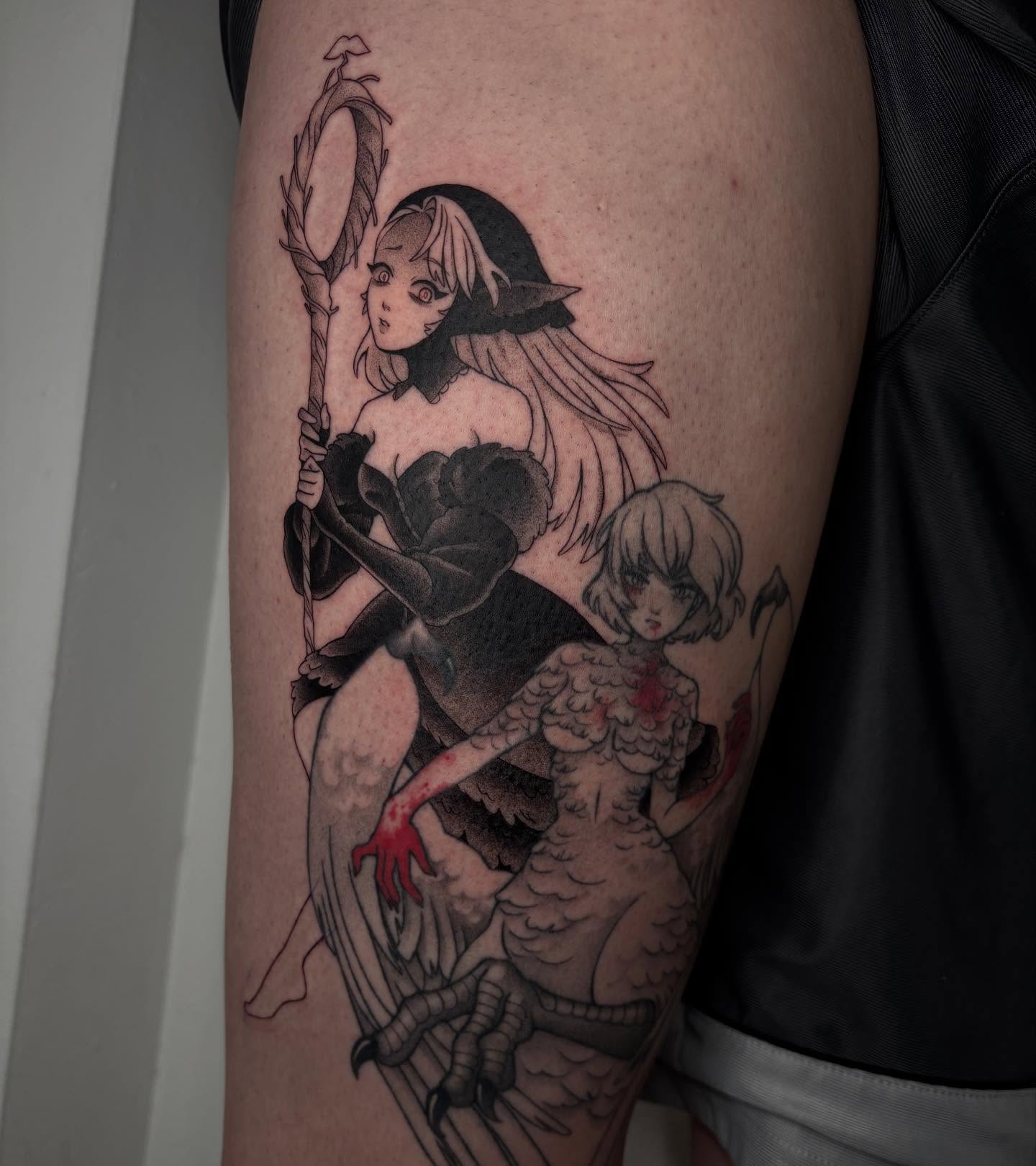 Tattoo by @parkiip — black_and_grey, anime