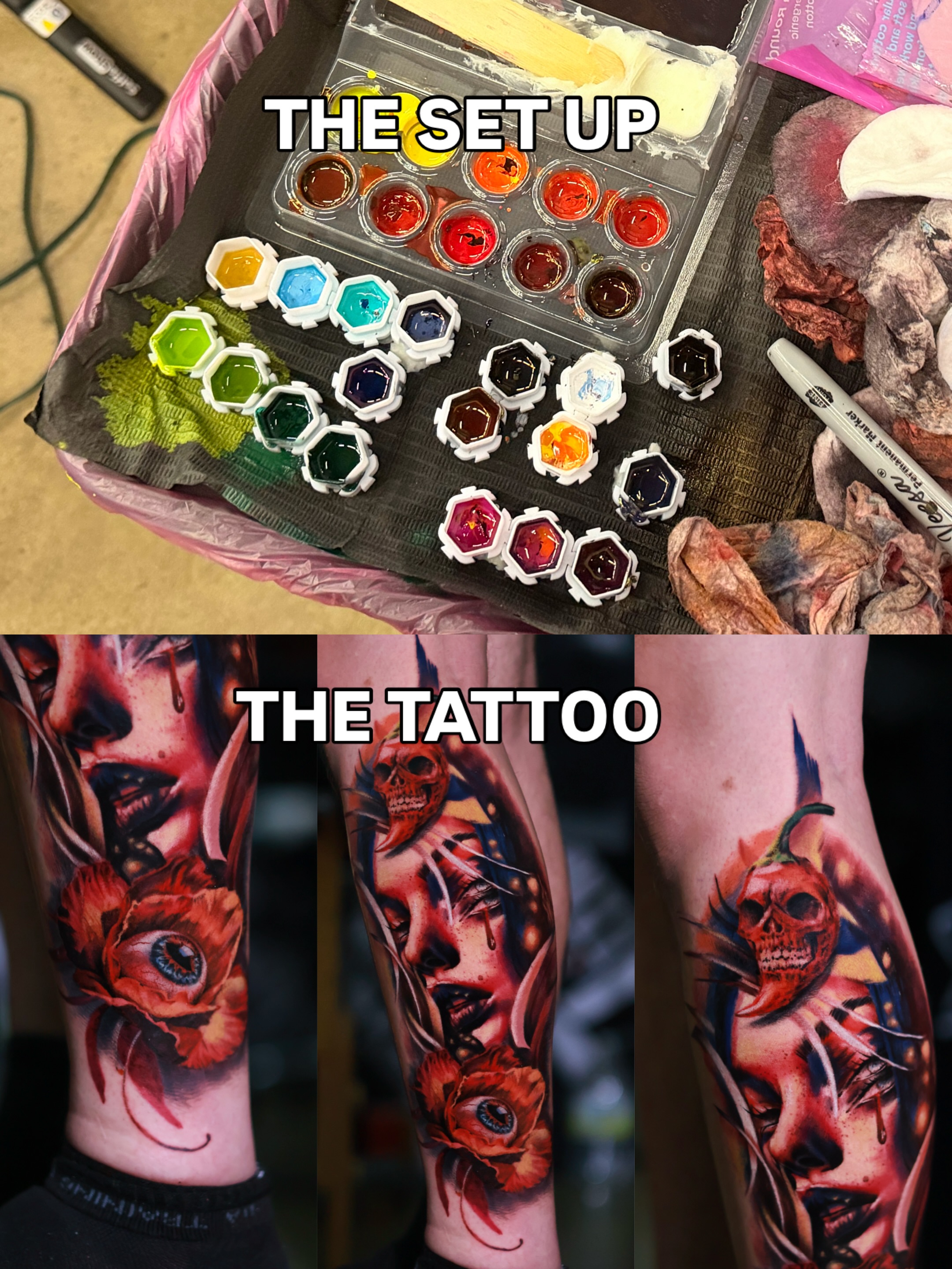 Woman with skull and flower realism tattoo on the forearm by Júlia Sorrino
