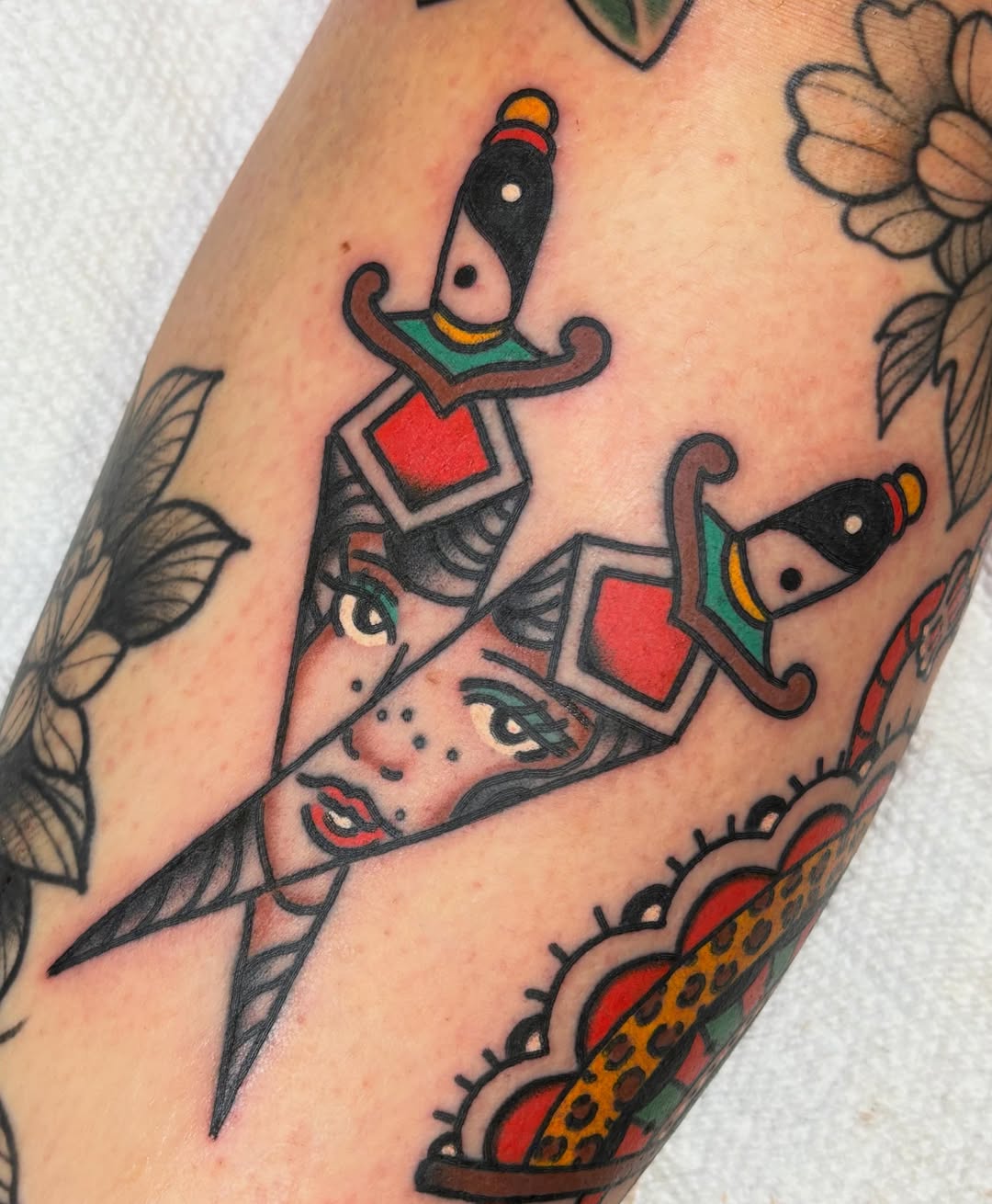 Knightly swords American traditional tattoo on the forearm by @rutattoos