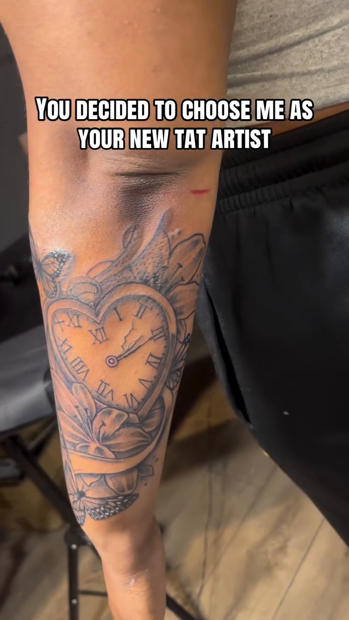 Clock and butterflies sleeve Chicano tattoo on the upper arm by SpicyMvstardInkk