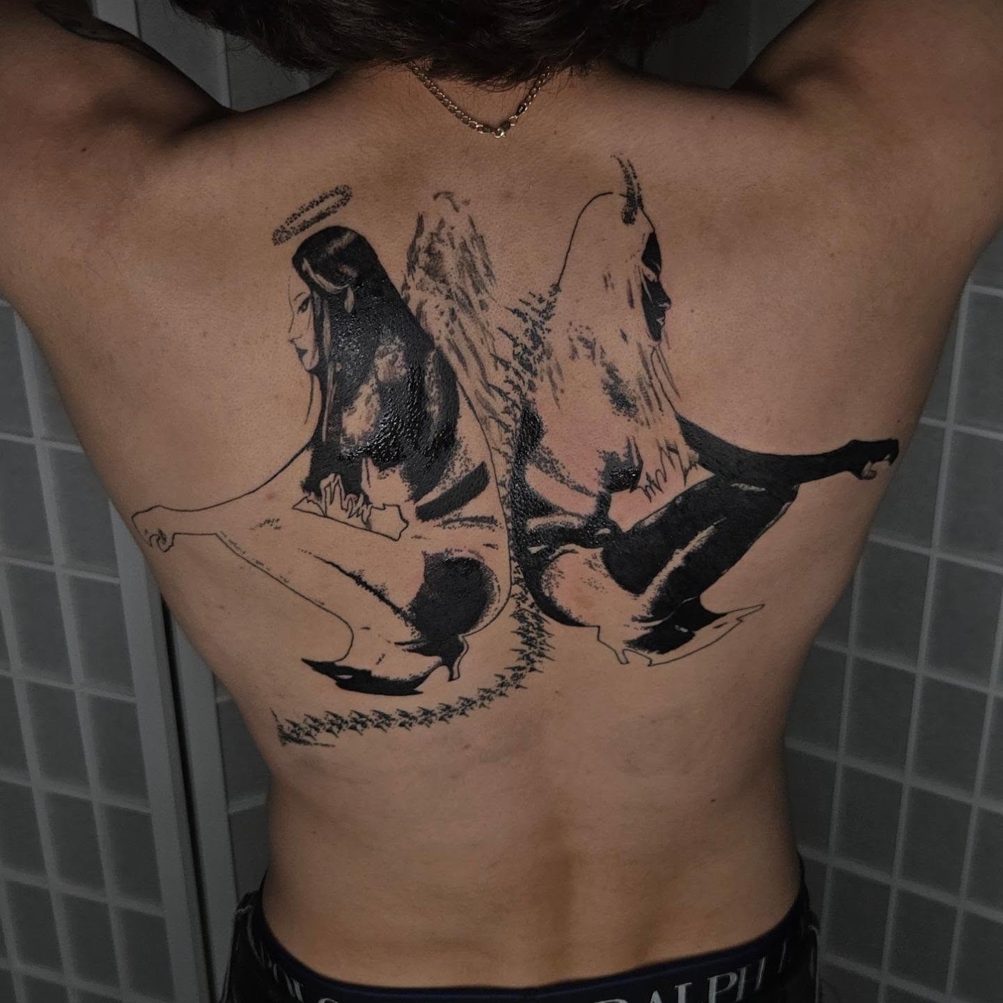 Religious scene black and grey tattoo on the back by ⚙️ 𝔄𝔞𝔯𝔬𝔫 𝔇. ⚙️
