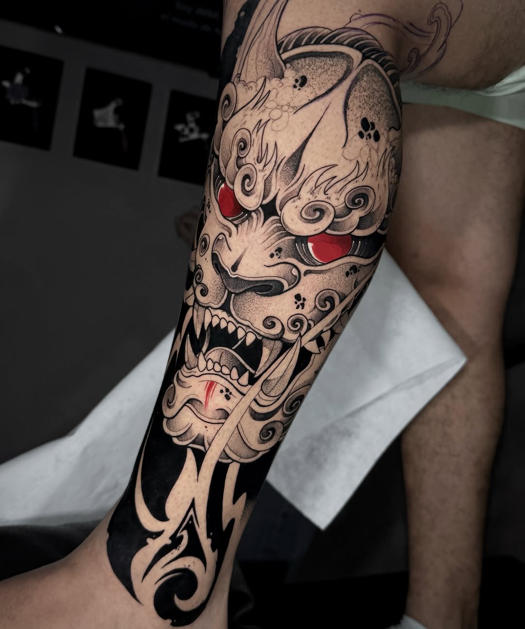 Demon mask japanese irezumi tattoo on the forearm by Stiven Gomez