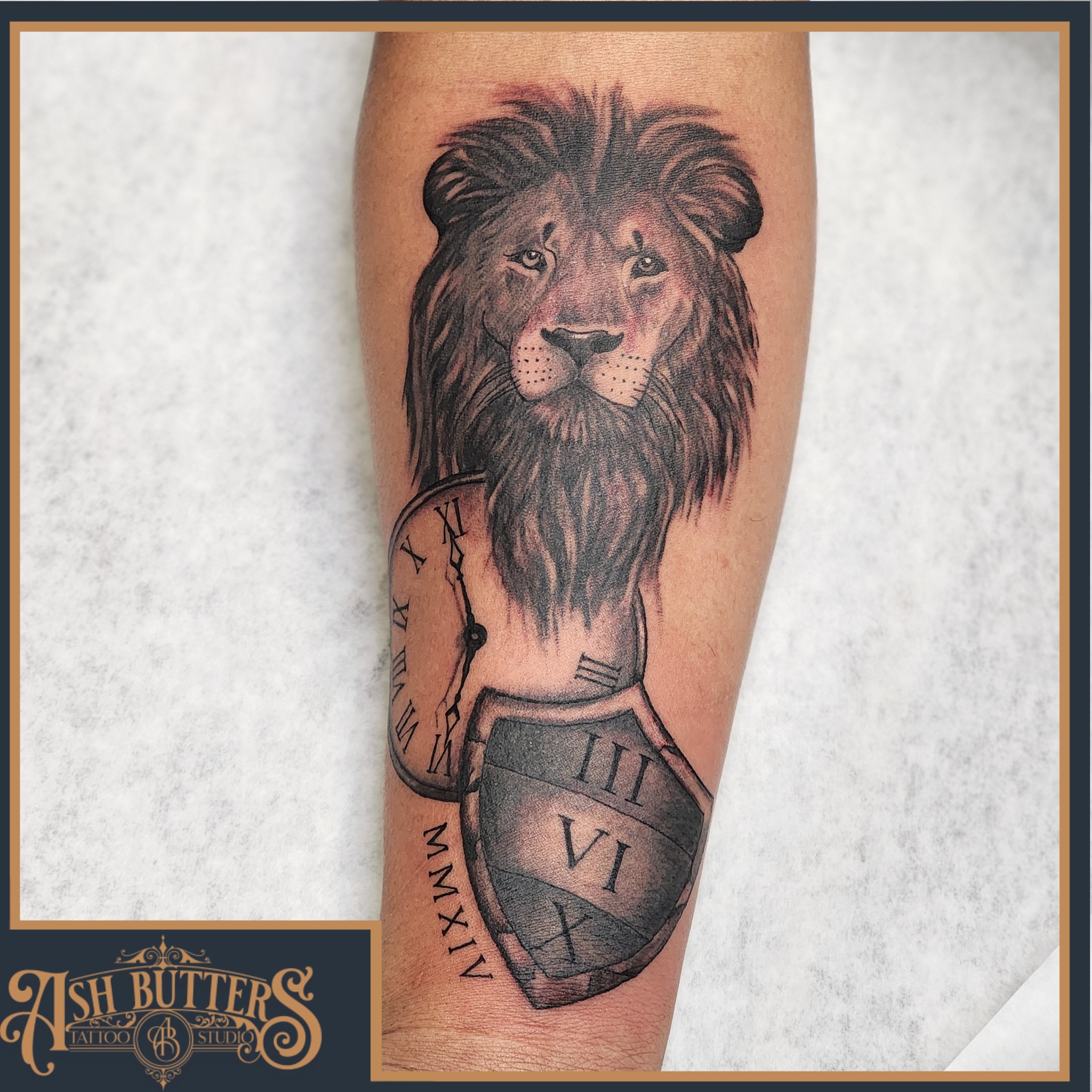 Lion and shield realism tattoo on the forearm by Ash Butters