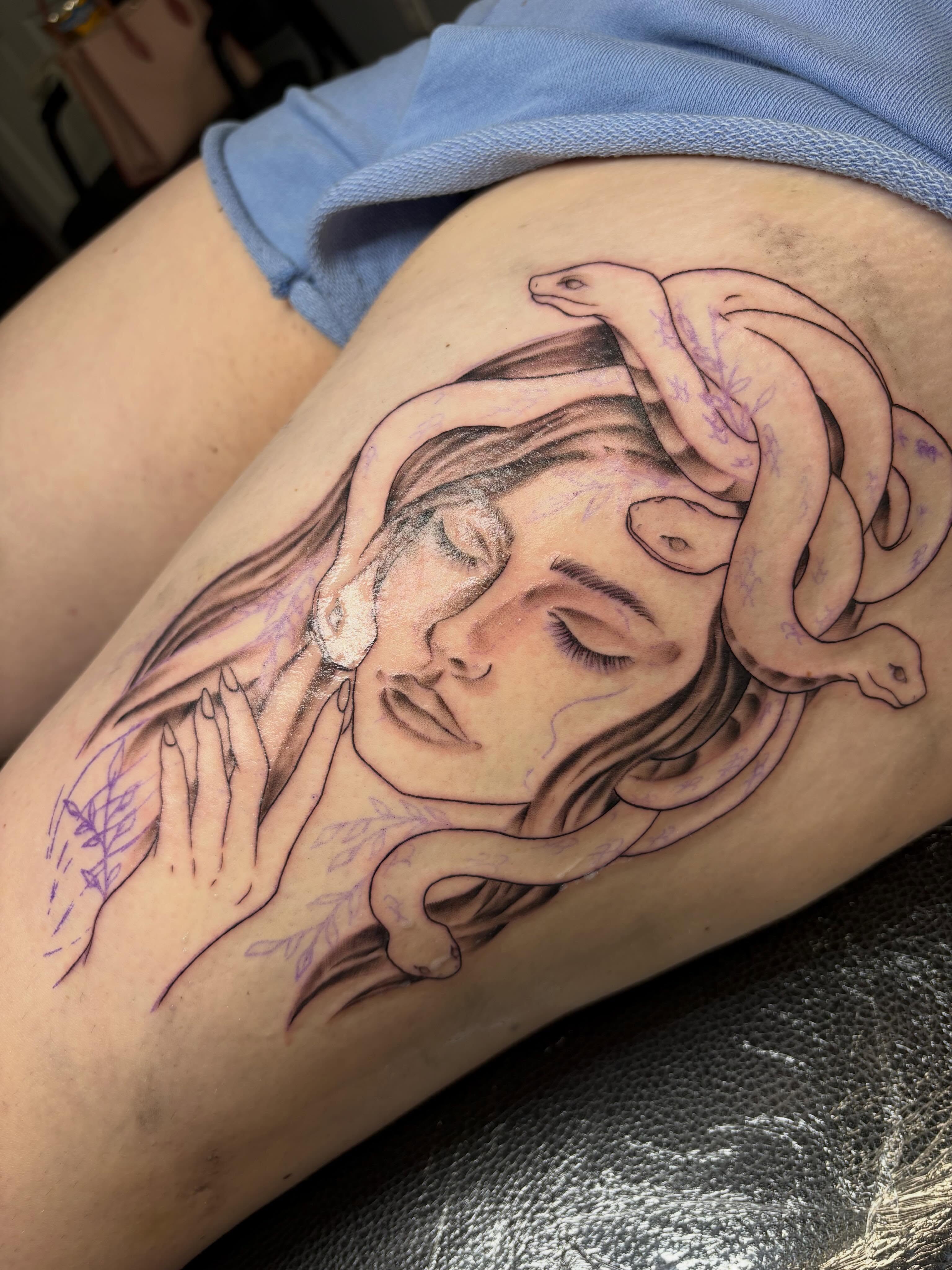 Medusa realism tattoo on the thigh by Andrea 🎨🖌